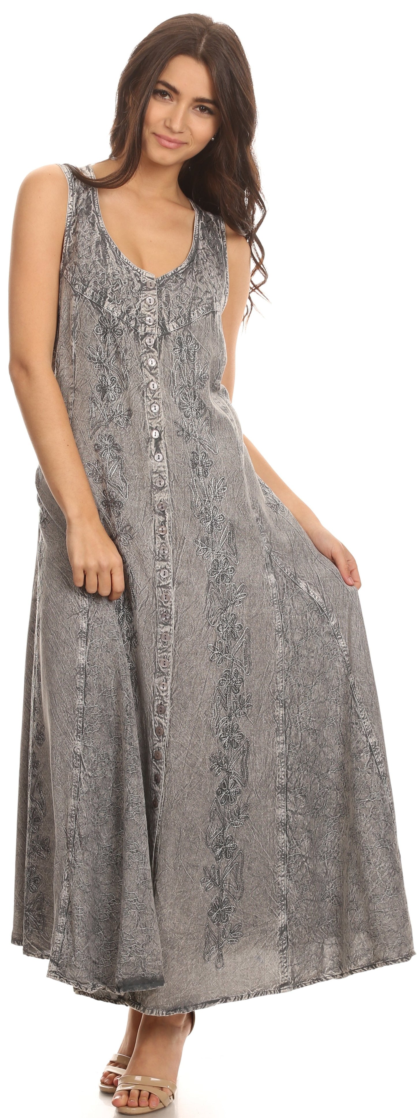 Sakkas Maya Floral Embroidered Sleeveless Button Up Rayon Dress - Concordia Style Boutique