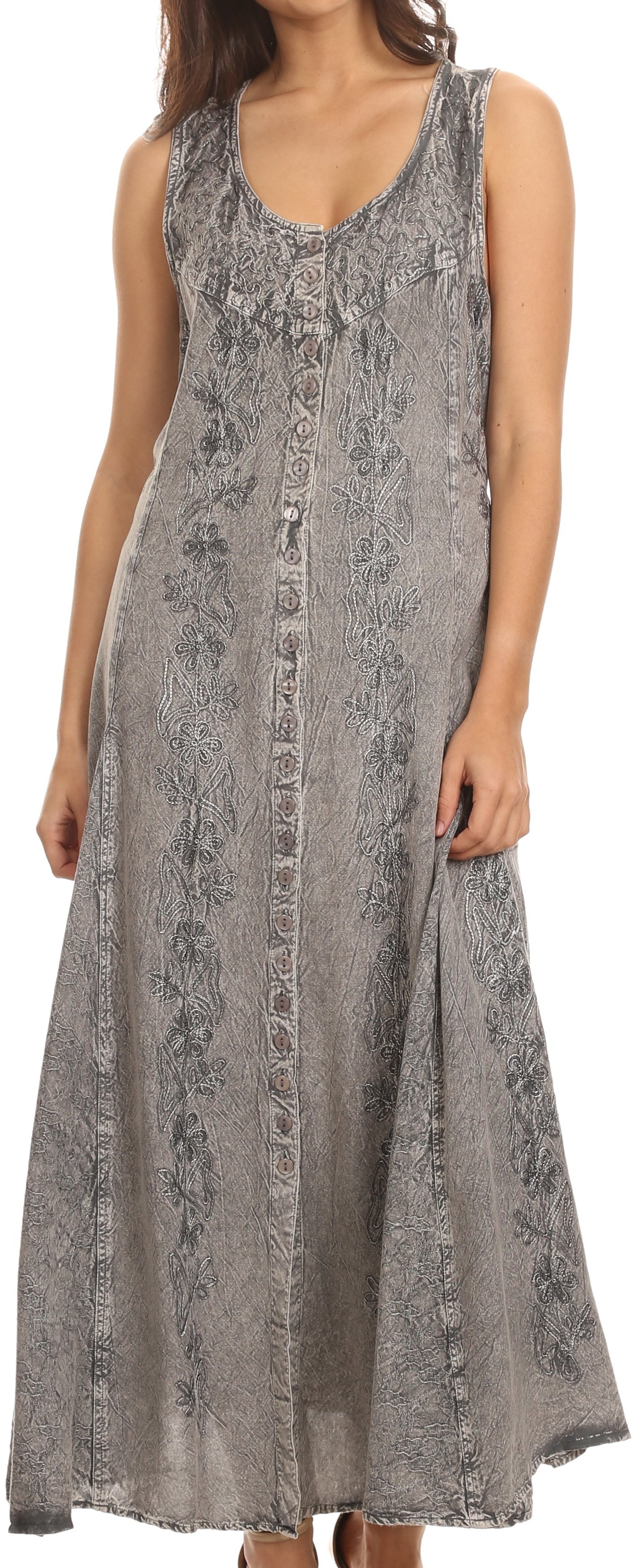 Sakkas Maya Floral Embroidered Sleeveless Button Up Rayon Dress - Concordia Style Boutique