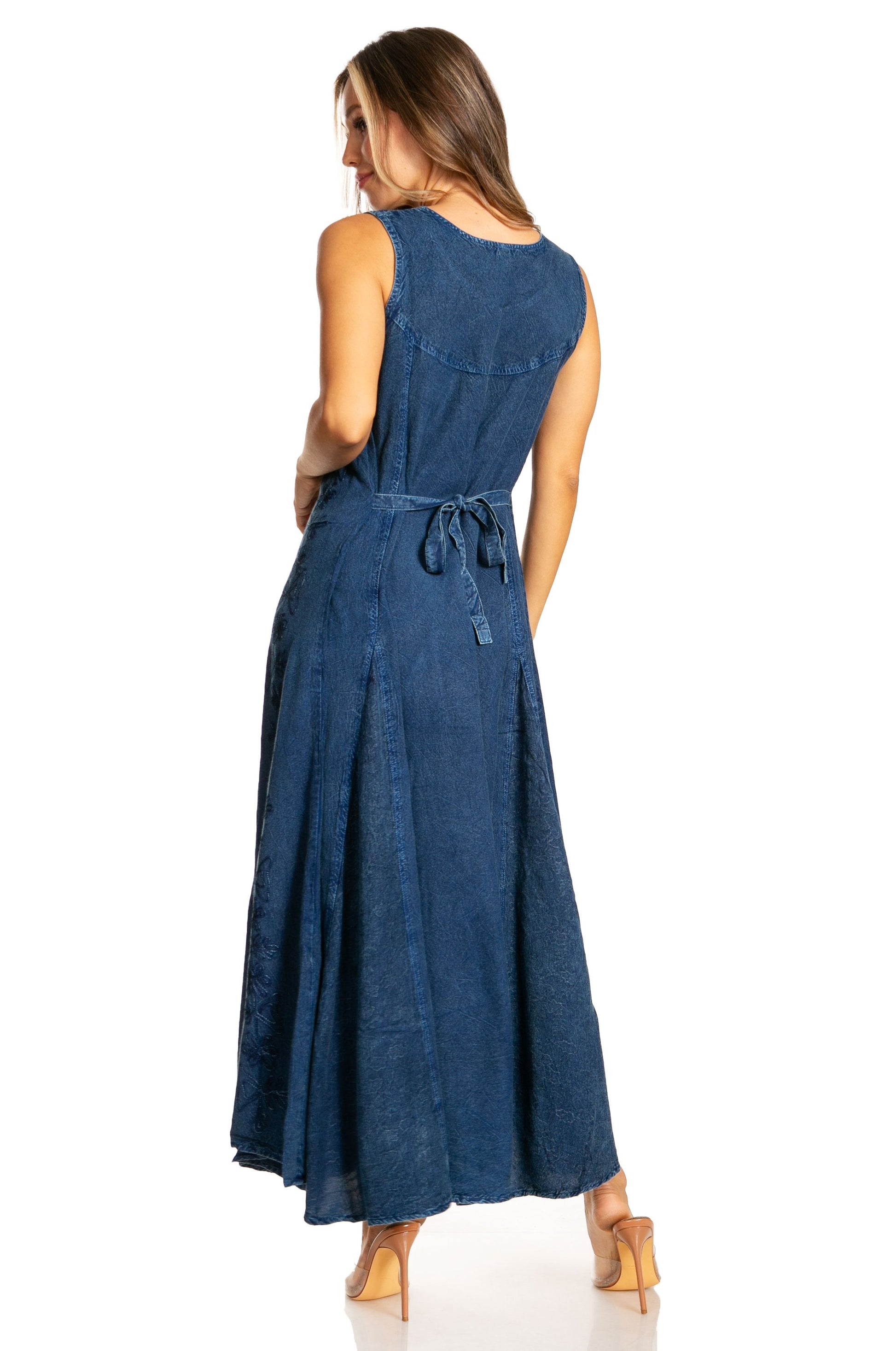 Sakkas Maya Floral Embroidered Sleeveless Button Up Rayon Dress - Concordia Style Boutique