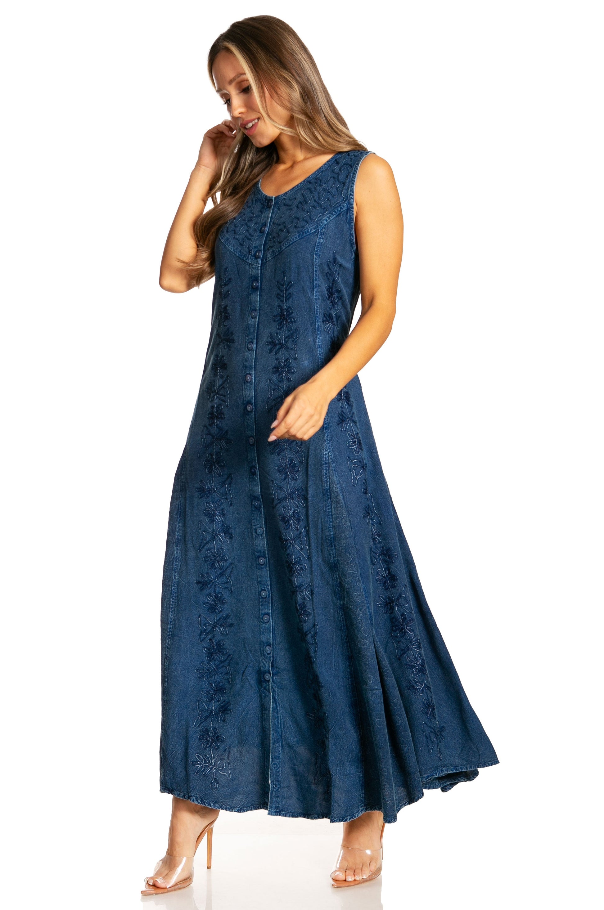 Sakkas Maya Floral Embroidered Sleeveless Button Up Rayon Dress - Concordia Style Boutique