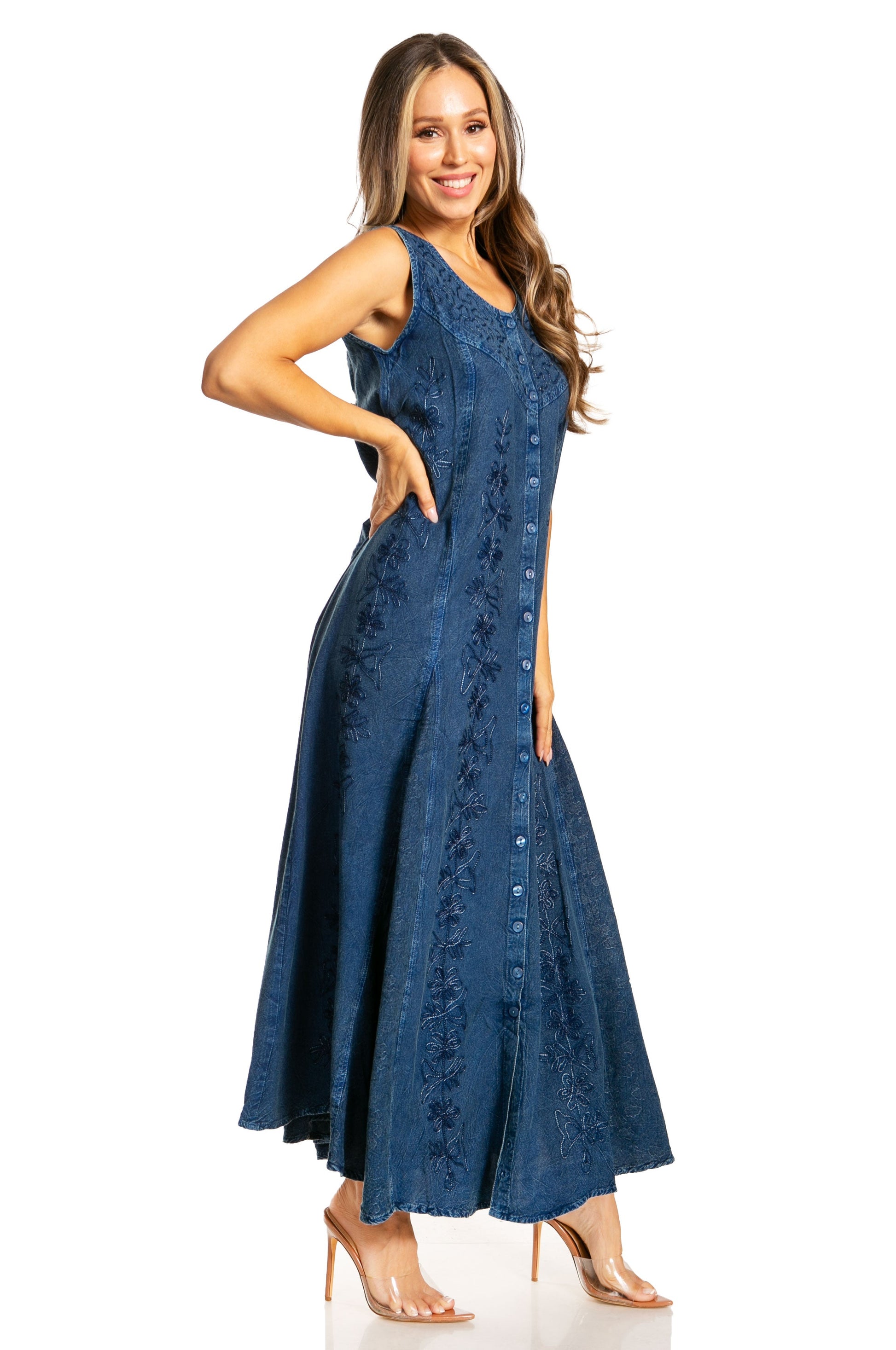 Sakkas Maya Floral Embroidered Sleeveless Button Up Rayon Dress - Concordia Style Boutique