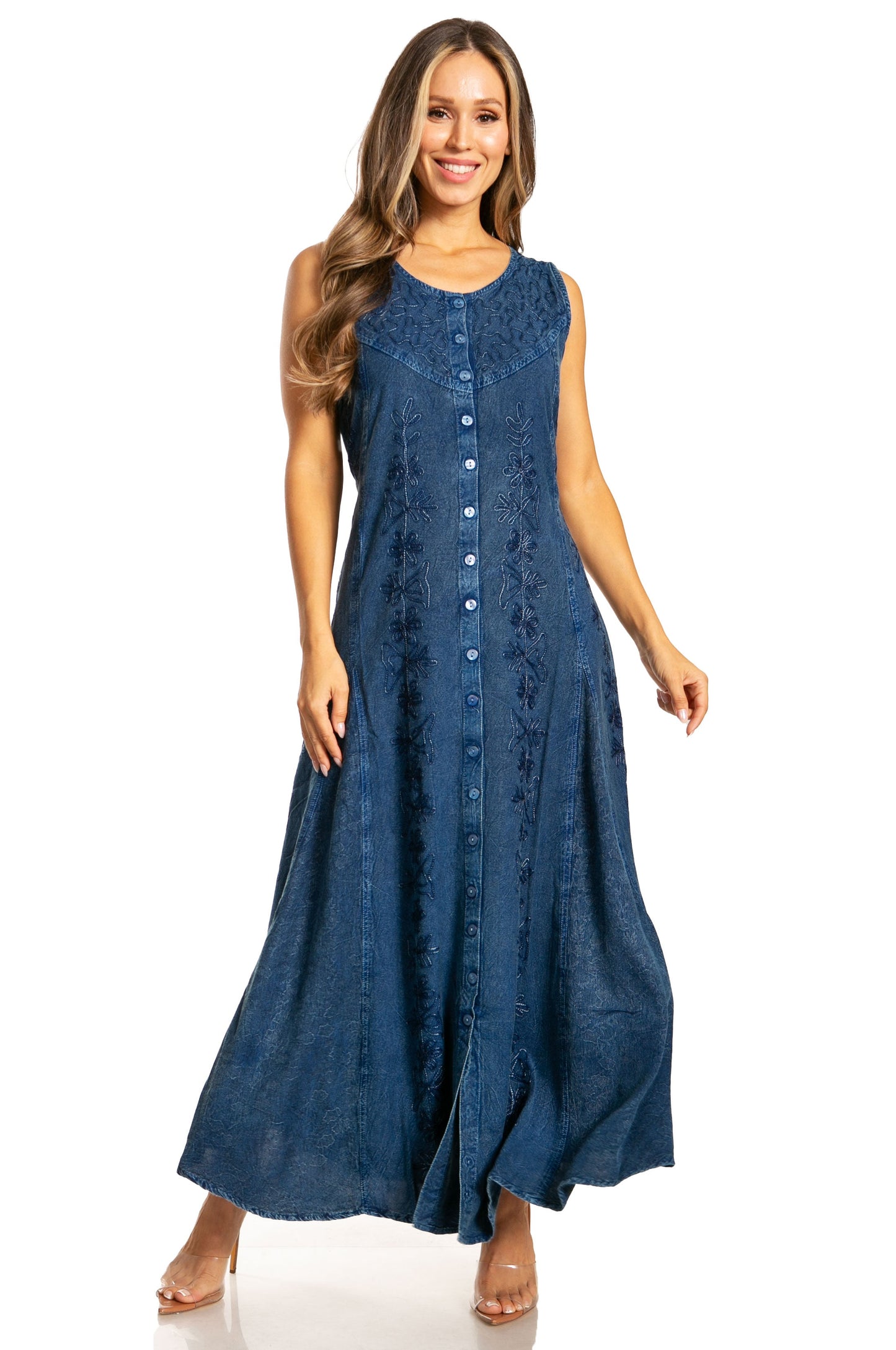 Sakkas Maya Floral Embroidered Sleeveless Button Up Rayon Dress - Concordia Style Boutique