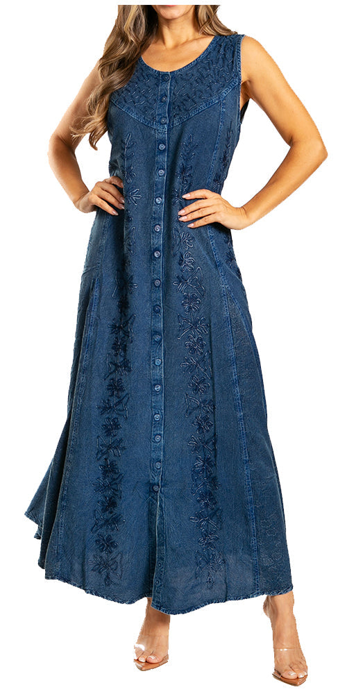 Sakkas Maya Floral Embroidered Sleeveless Button Up Rayon Dress - Concordia Style Boutique