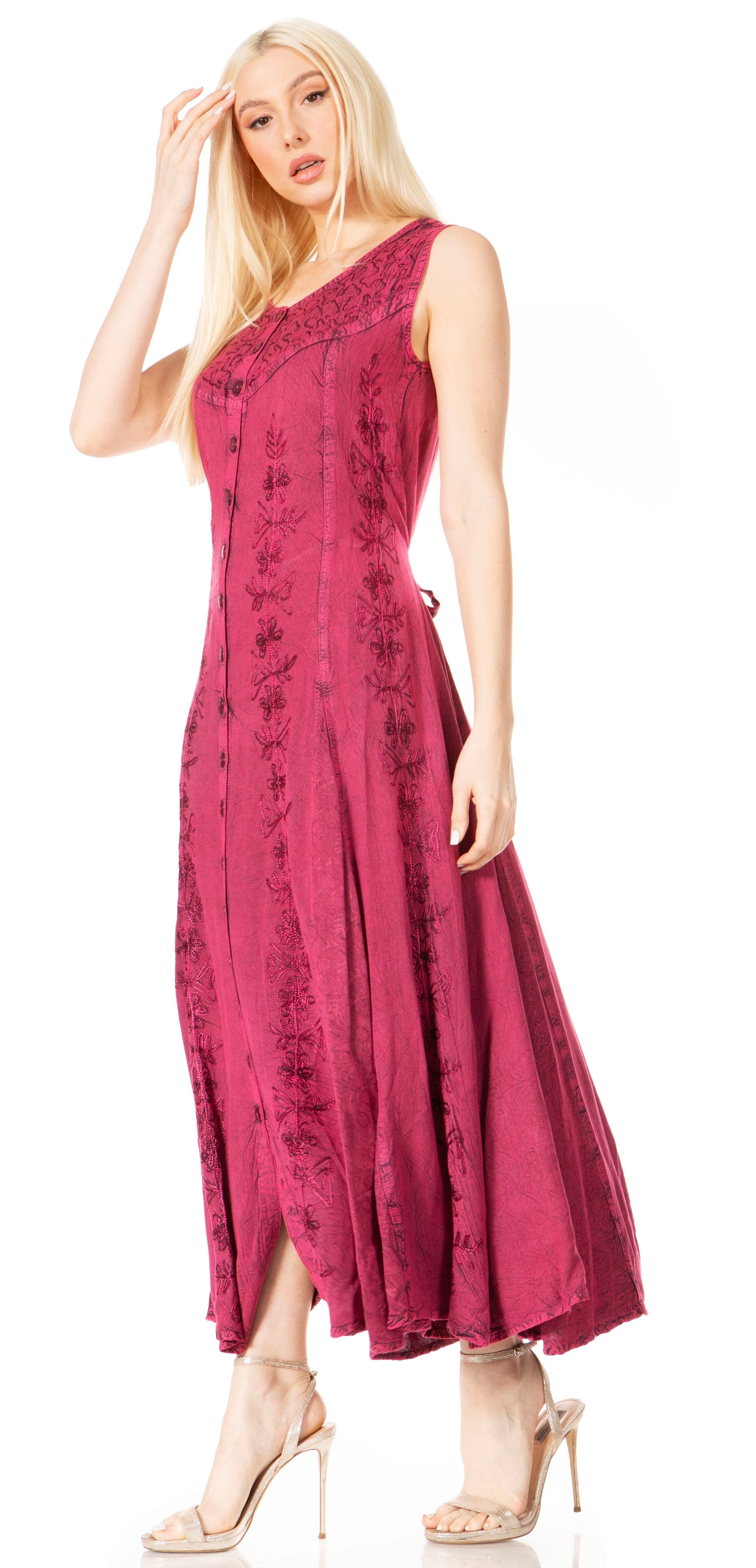 Sakkas Maya Floral Embroidered Sleeveless Button Up Rayon Dress - Concordia Style Boutique