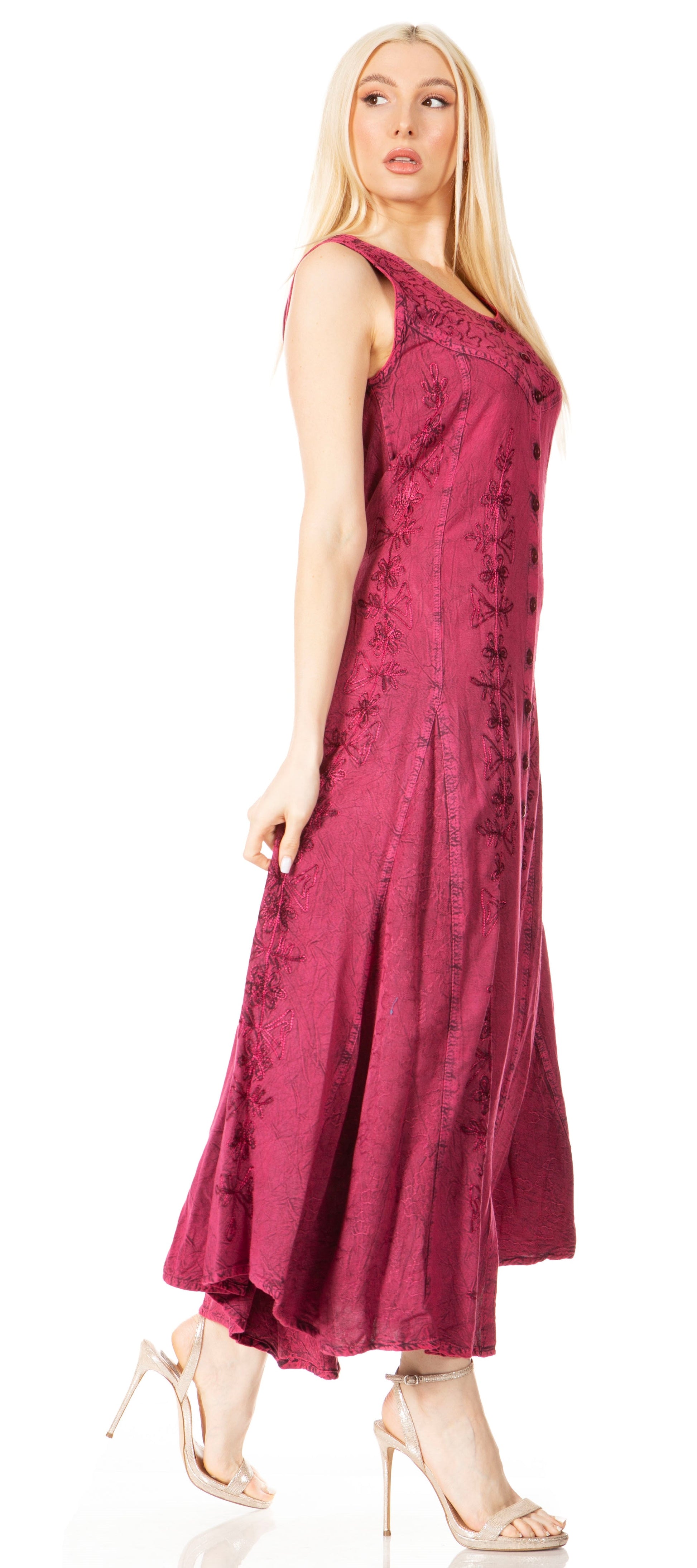 Sakkas Maya Floral Embroidered Sleeveless Button Up Rayon Dress - Concordia Style Boutique
