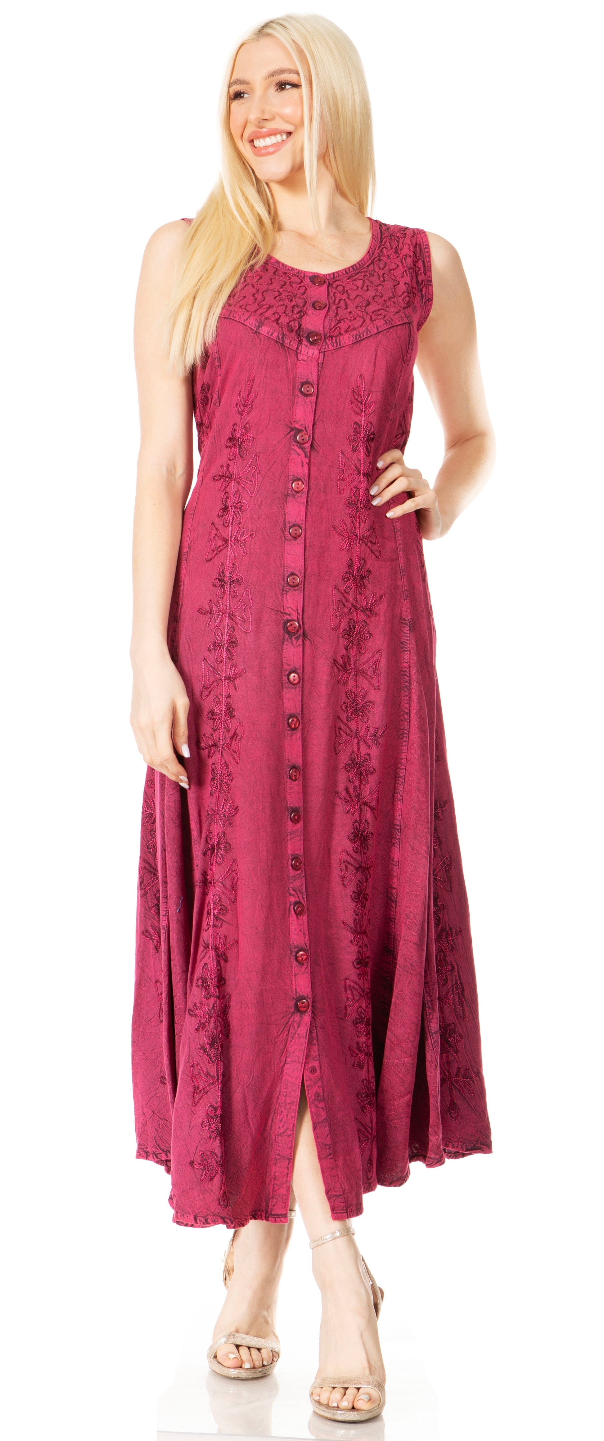 Sakkas Maya Floral Embroidered Sleeveless Button Up Rayon Dress - Concordia Style Boutique
