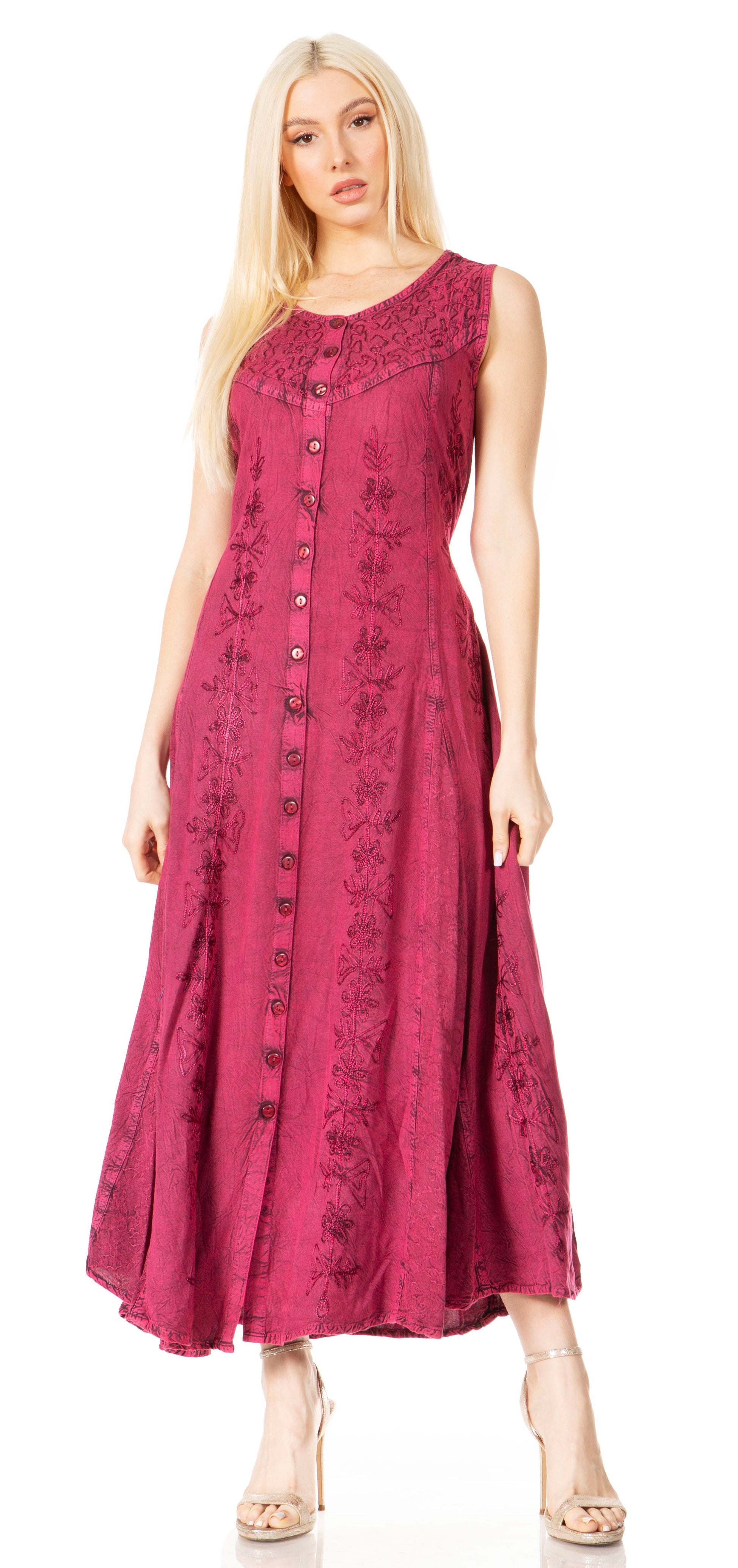 Sakkas Maya Floral Embroidered Sleeveless Button Up Rayon Dress - Concordia Style Boutique