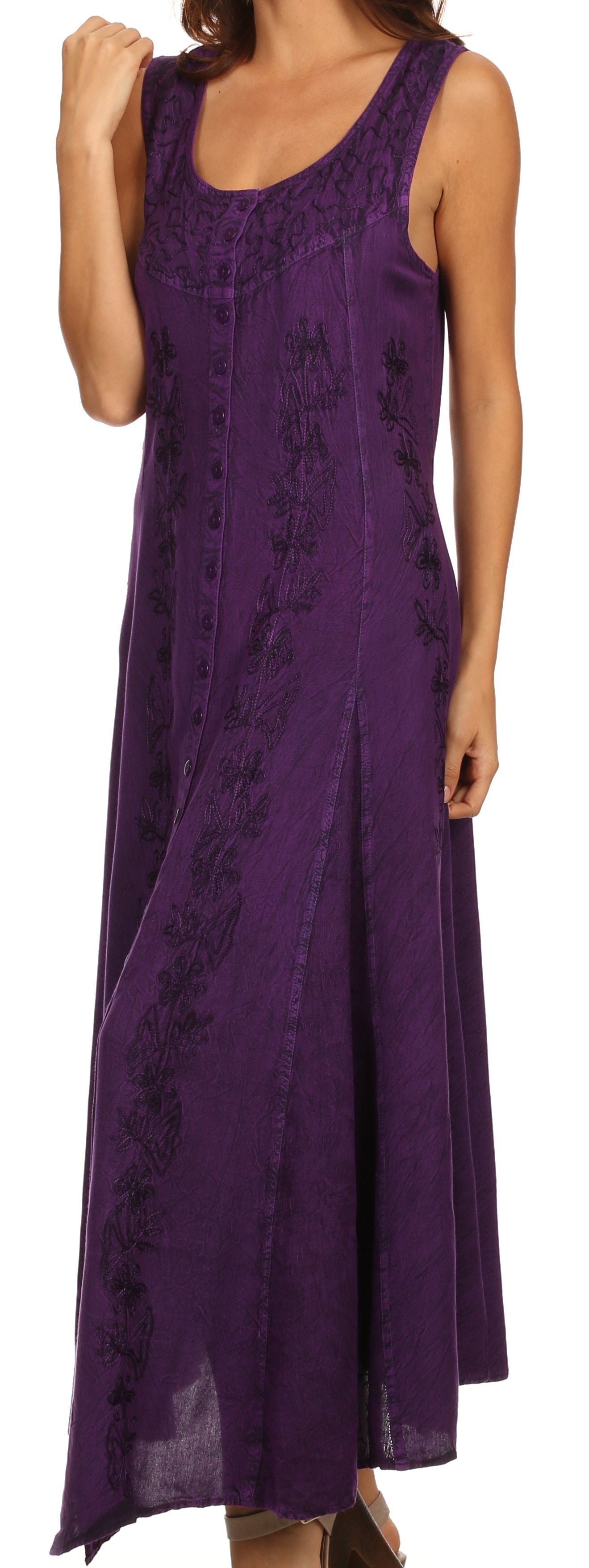 Sakkas Maya Floral Embroidered Sleeveless Button Up Rayon Dress - Concordia Style Boutique
