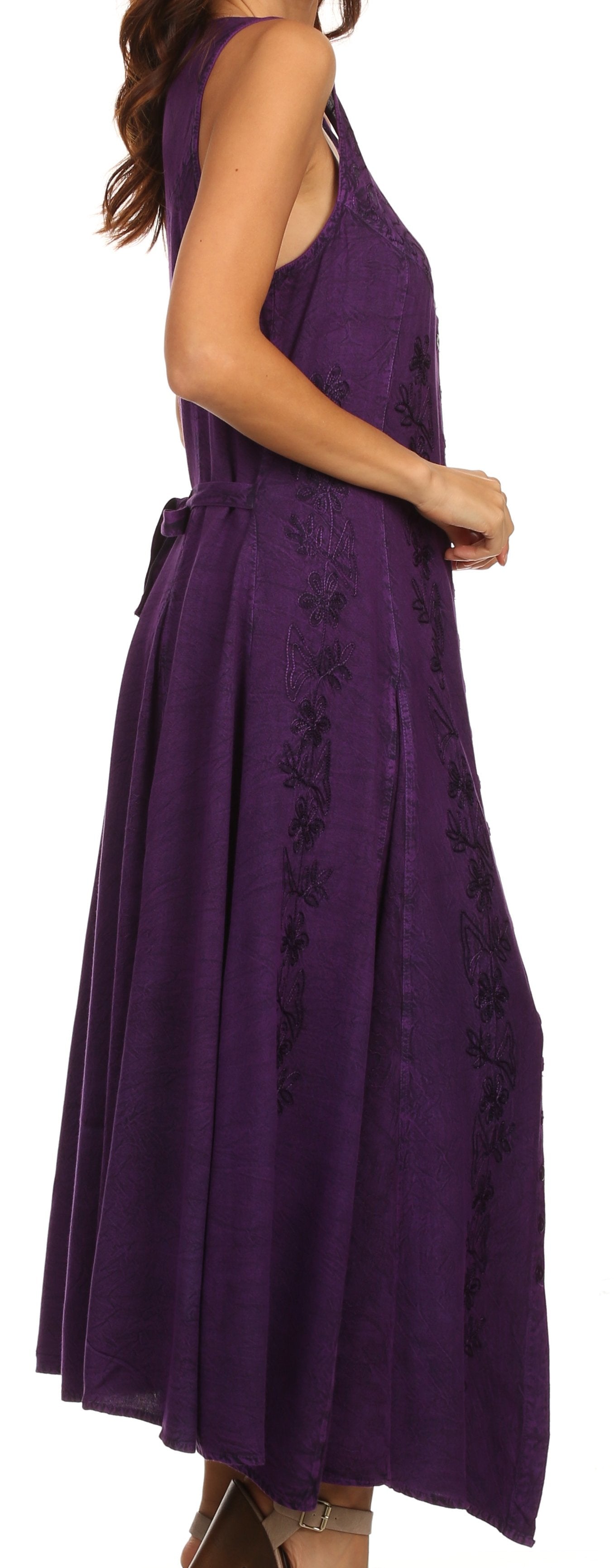 Sakkas Maya Floral Embroidered Sleeveless Button Up Rayon Dress - Concordia Style Boutique