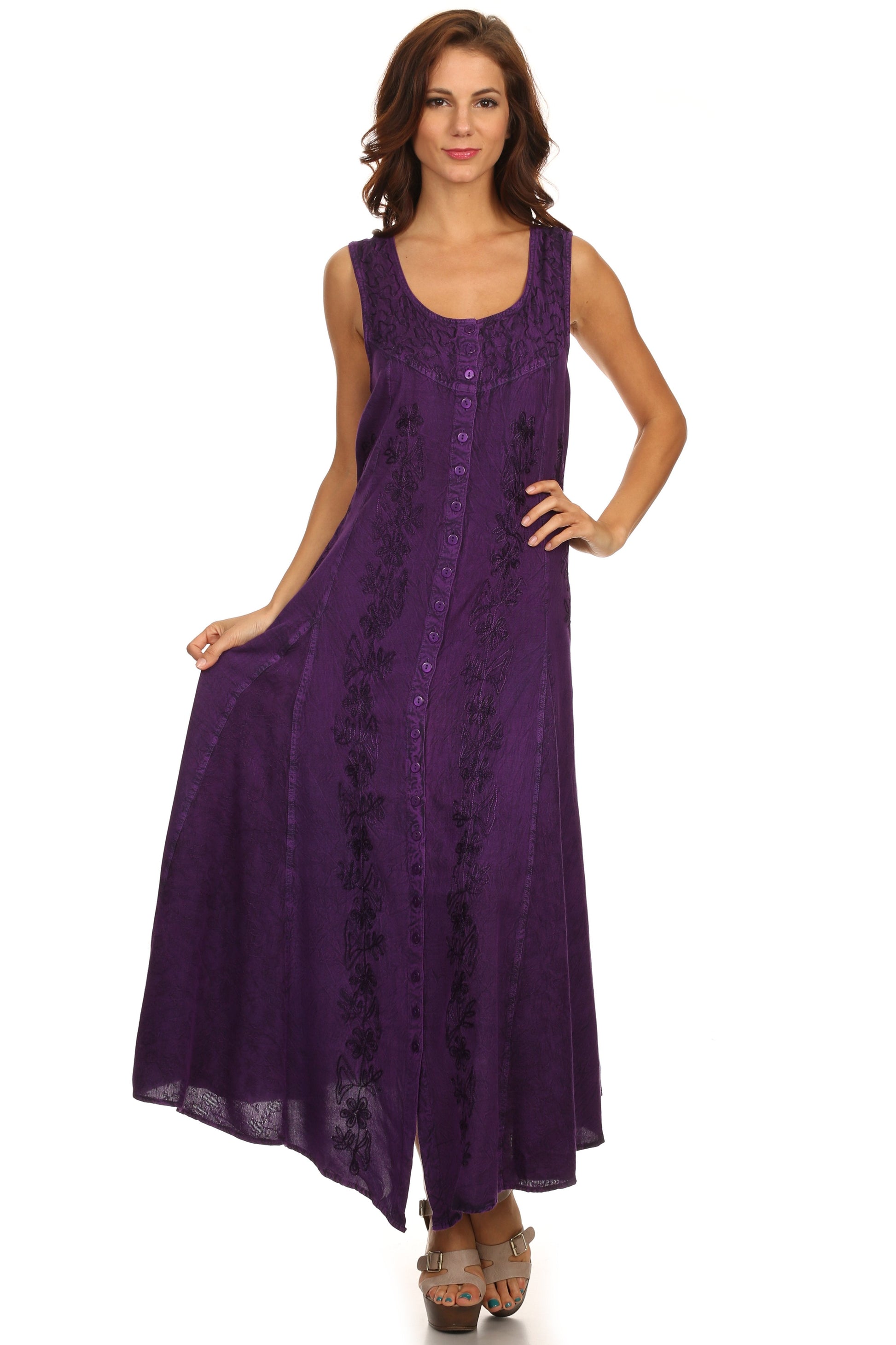 Sakkas Maya Floral Embroidered Sleeveless Button Up Rayon Dress - Concordia Style Boutique