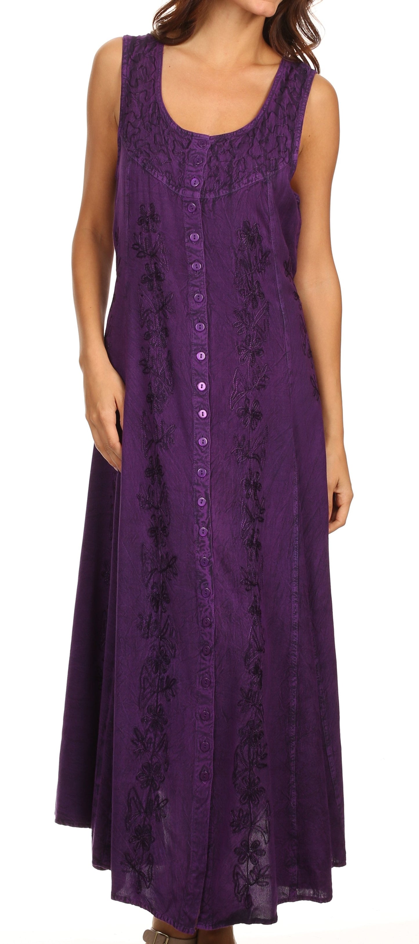 Sakkas Maya Floral Embroidered Sleeveless Button Up Rayon Dress - Concordia Style Boutique