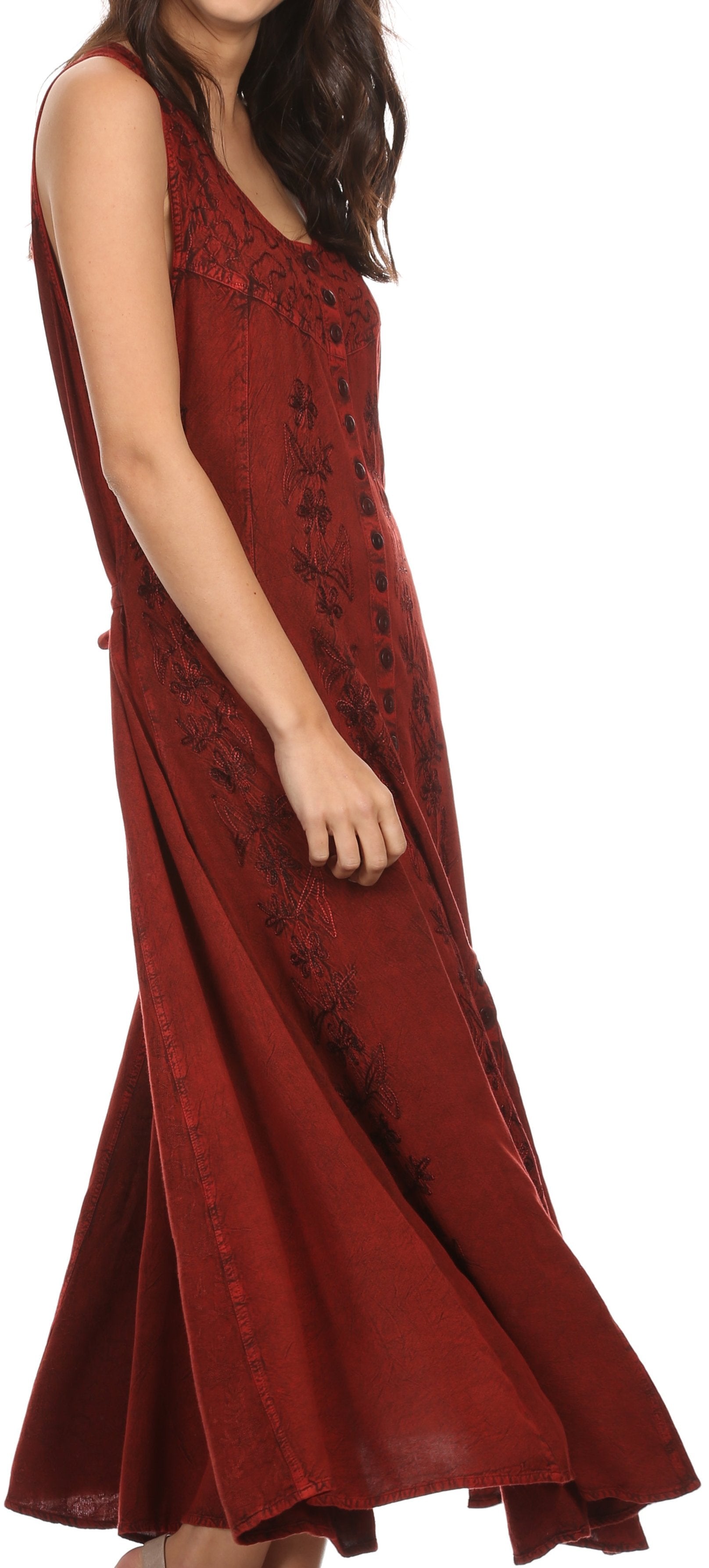 Sakkas Maya Floral Embroidered Sleeveless Button Up Rayon Dress - Concordia Style Boutique