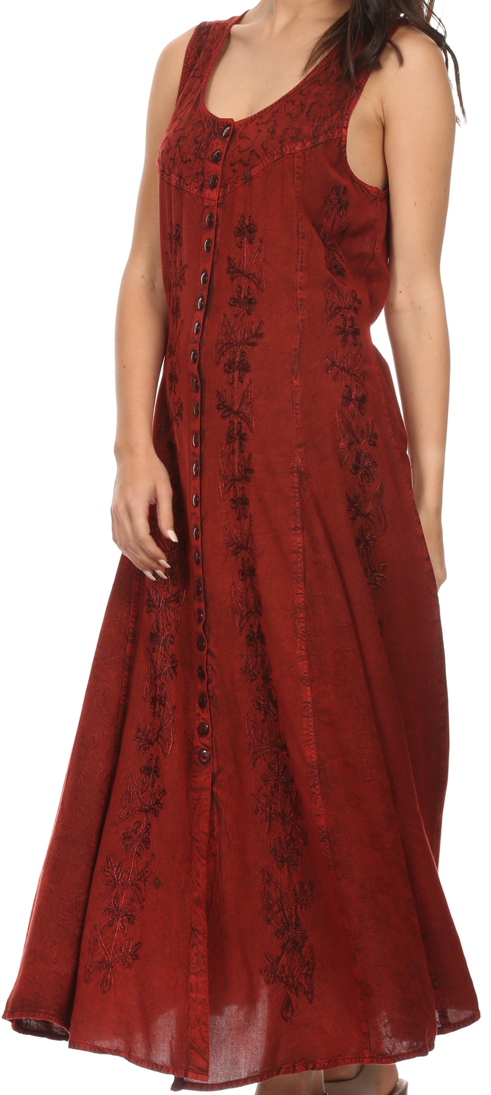 Sakkas Maya Floral Embroidered Sleeveless Button Up Rayon Dress - Concordia Style Boutique