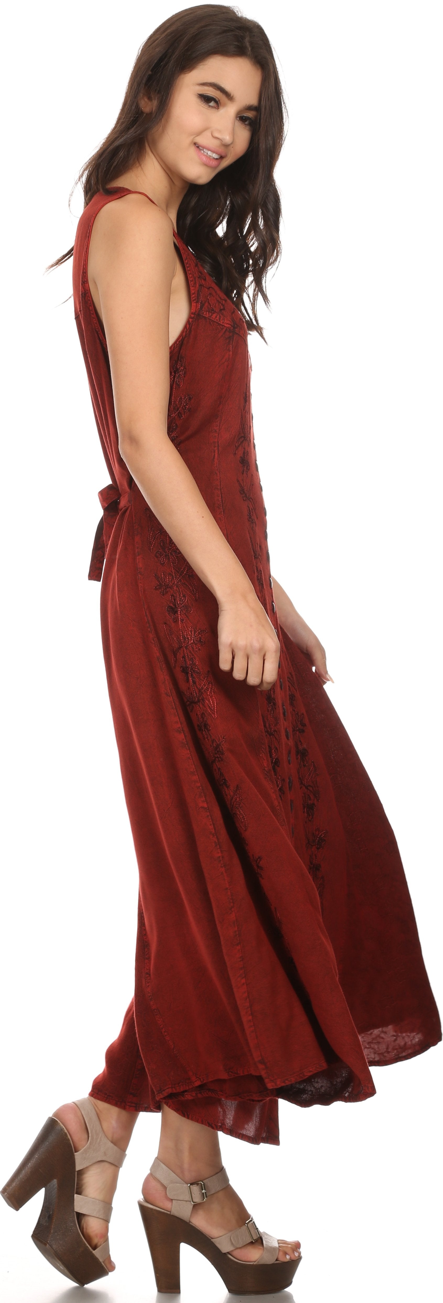 Sakkas Maya Floral Embroidered Sleeveless Button Up Rayon Dress - Concordia Style Boutique