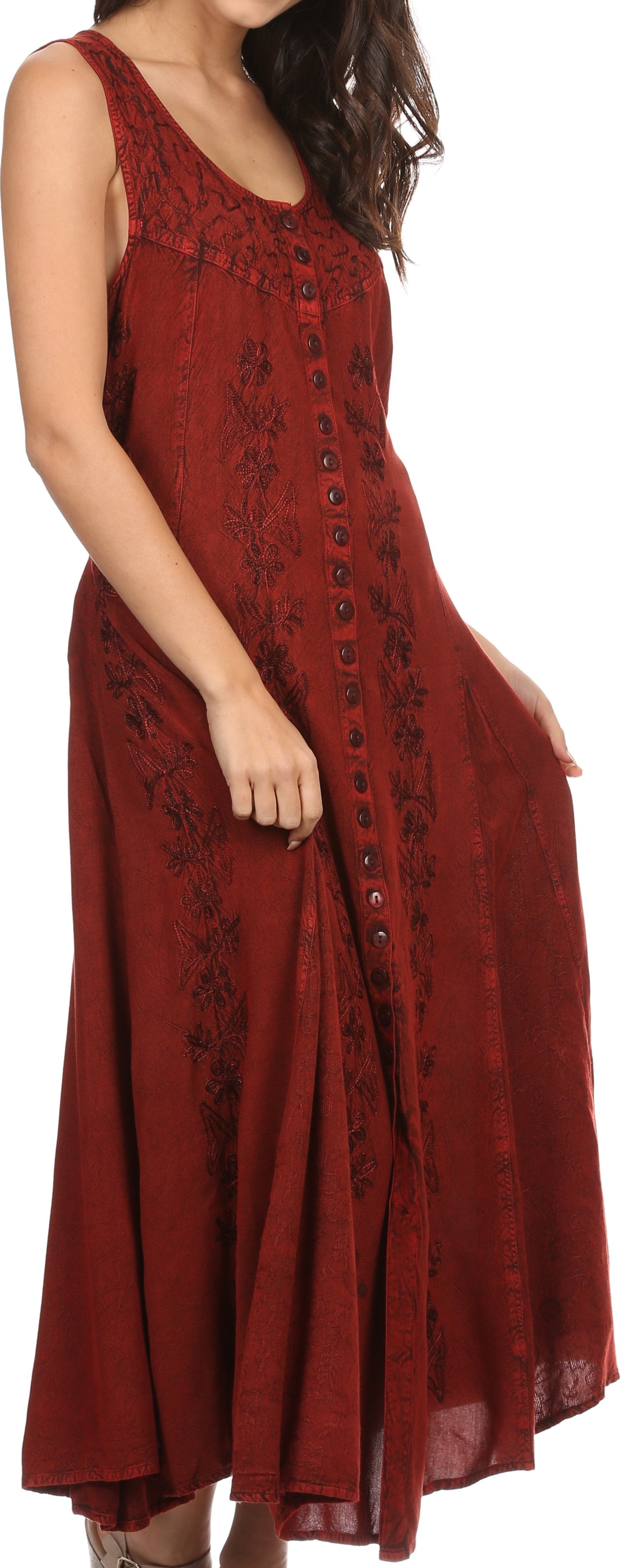 Sakkas Maya Floral Embroidered Sleeveless Button Up Rayon Dress - Concordia Style Boutique