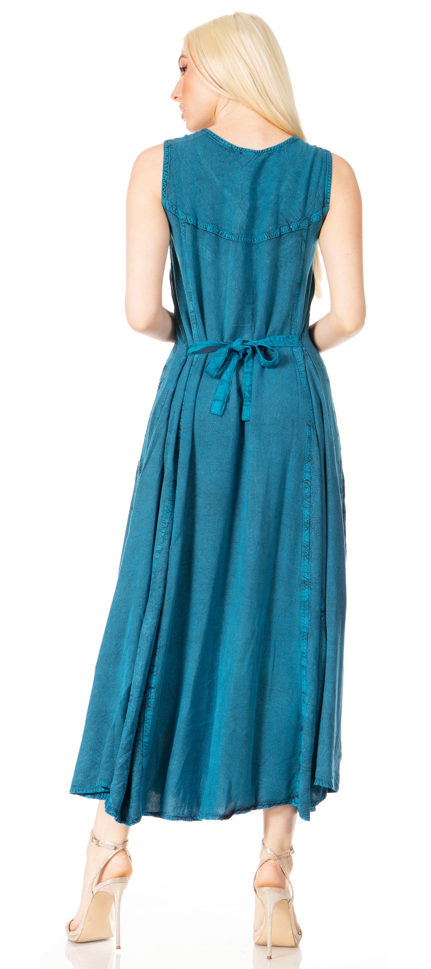 Sakkas Maya Floral Embroidered Sleeveless Button Up Rayon Dress - Concordia Style Boutique