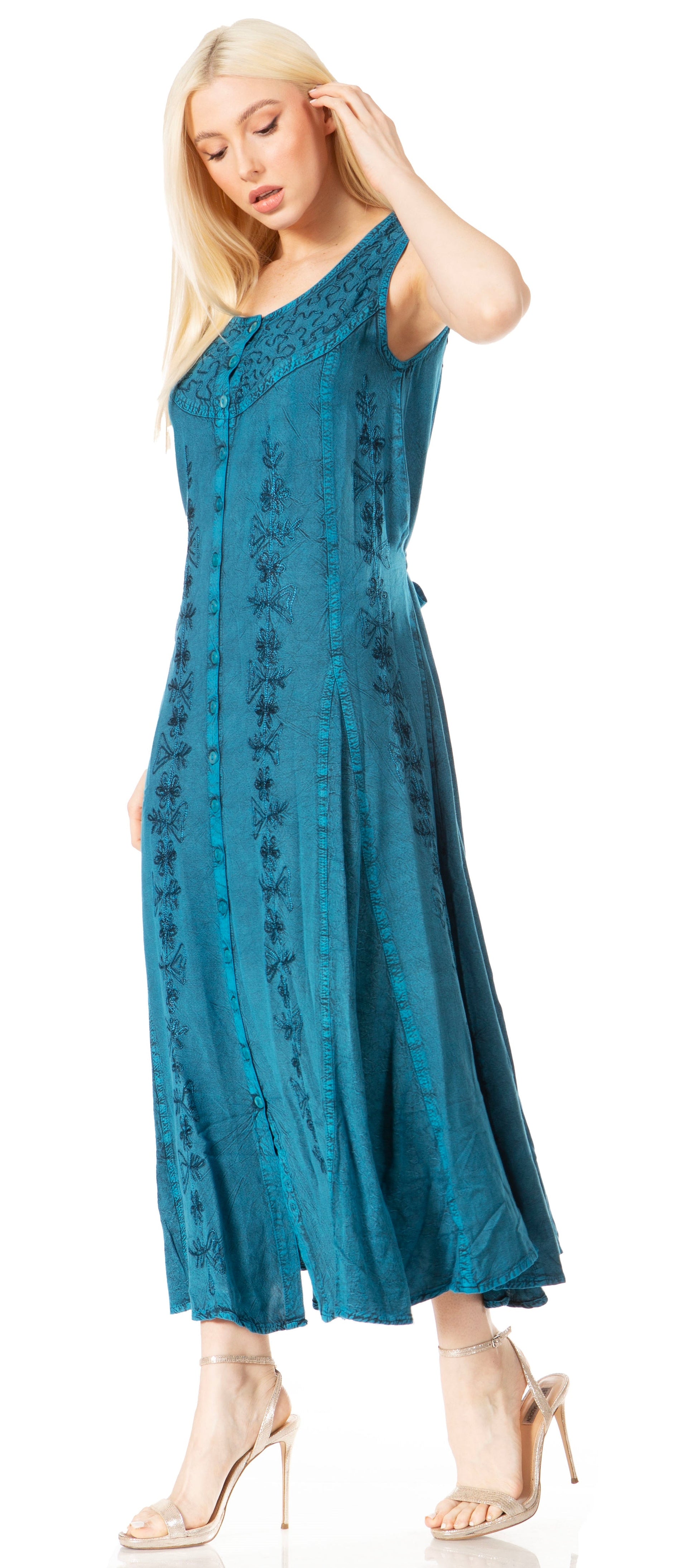 Sakkas Maya Floral Embroidered Sleeveless Button Up Rayon Dress - Concordia Style Boutique