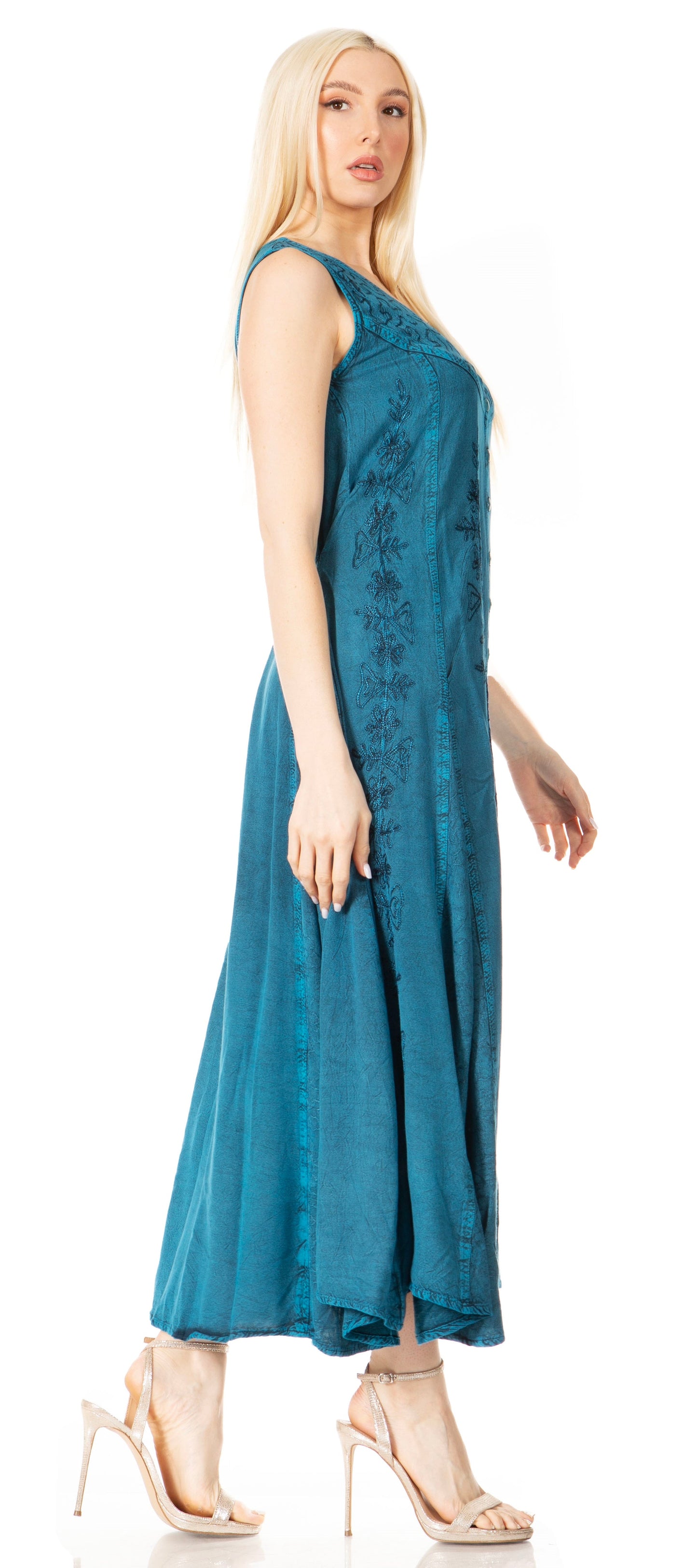 Sakkas Maya Floral Embroidered Sleeveless Button Up Rayon Dress - Concordia Style Boutique