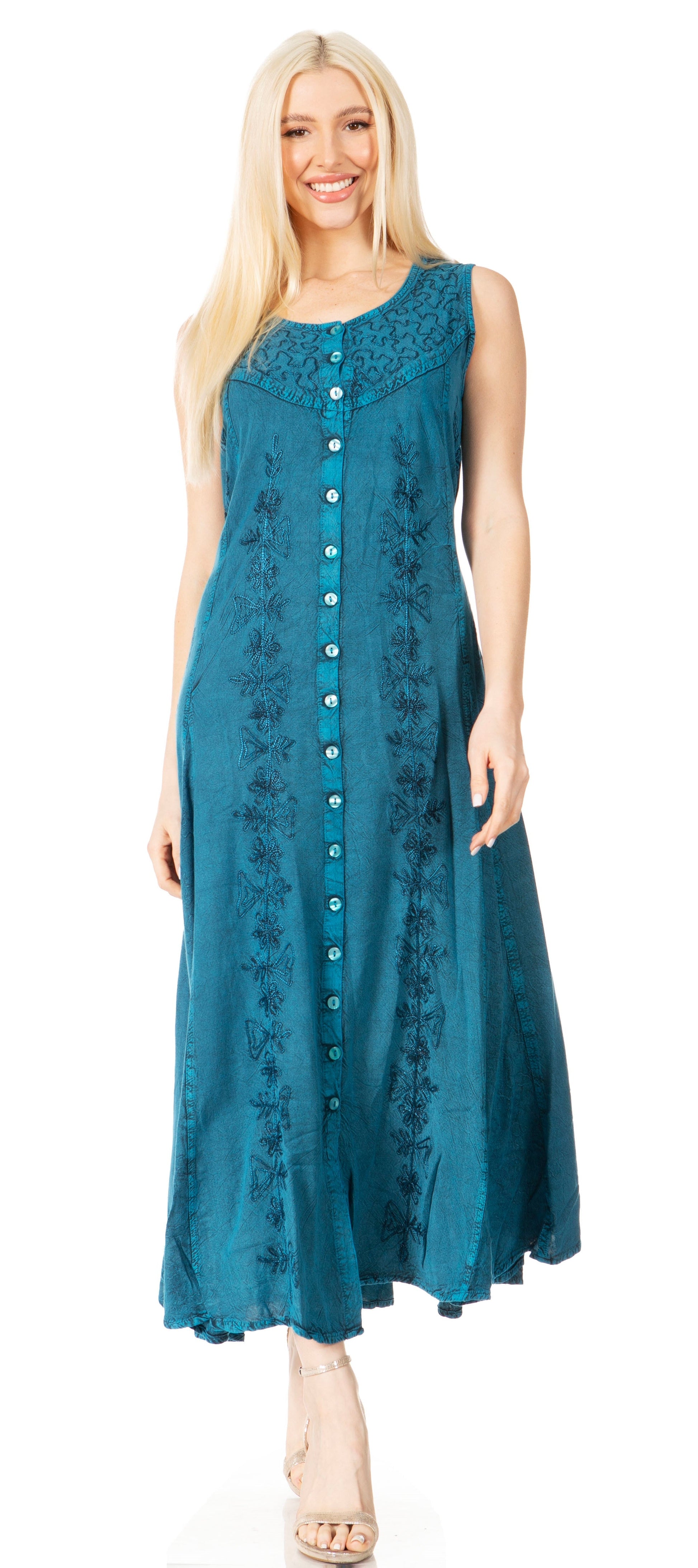 Sakkas Maya Floral Embroidered Sleeveless Button Up Rayon Dress - Concordia Style Boutique