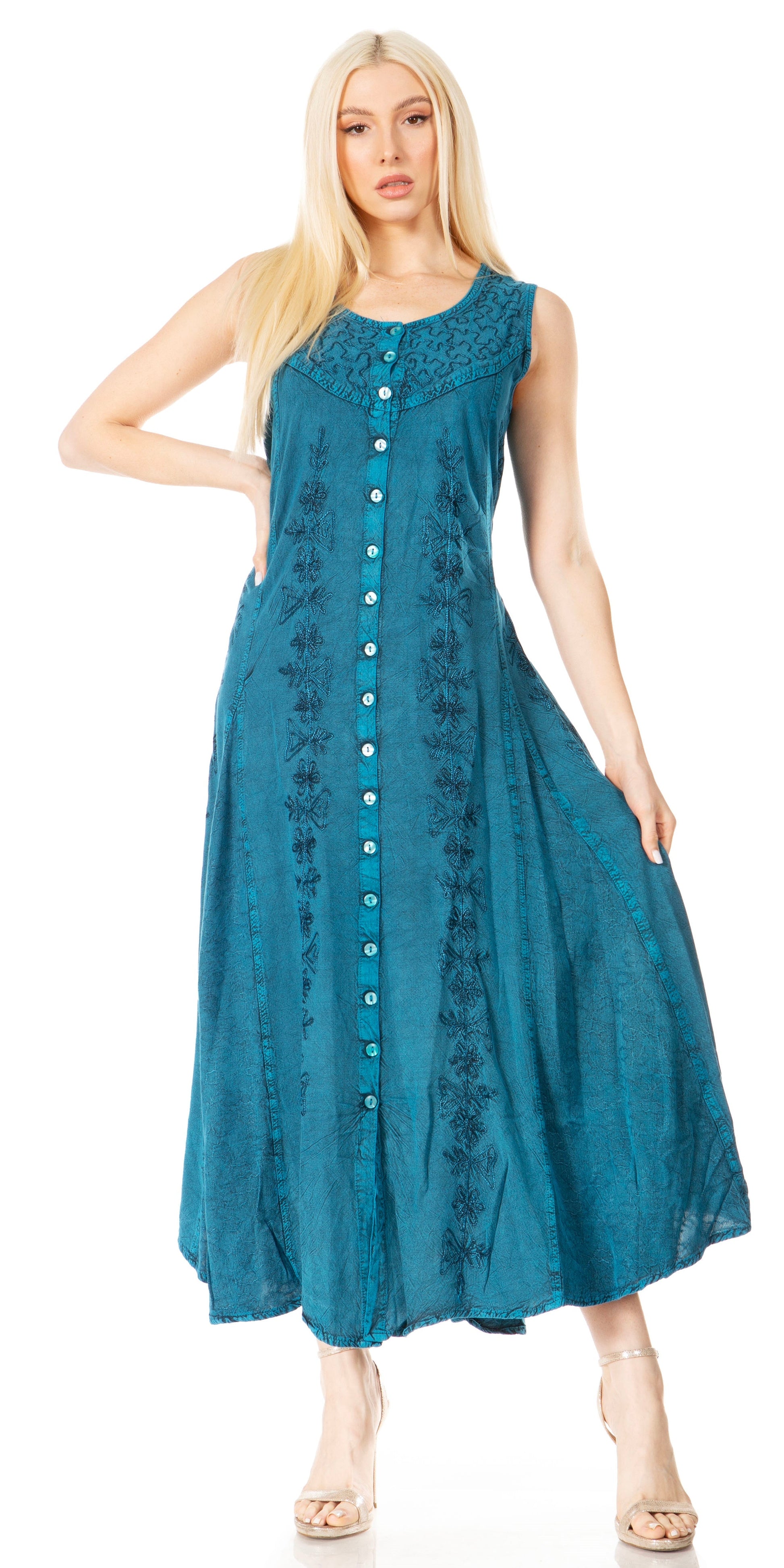 Sakkas Maya Floral Embroidered Sleeveless Button Up Rayon Dress - Concordia Style Boutique
