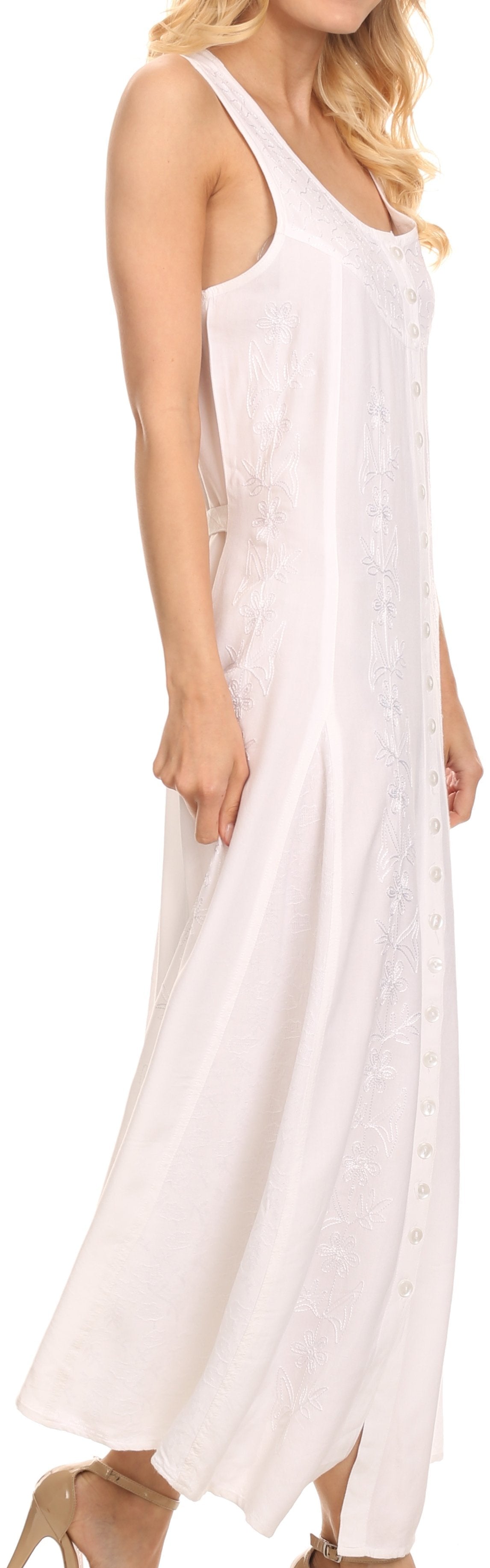 Sakkas Maya Floral Embroidered Sleeveless Button Up Rayon Dress - Concordia Style Boutique