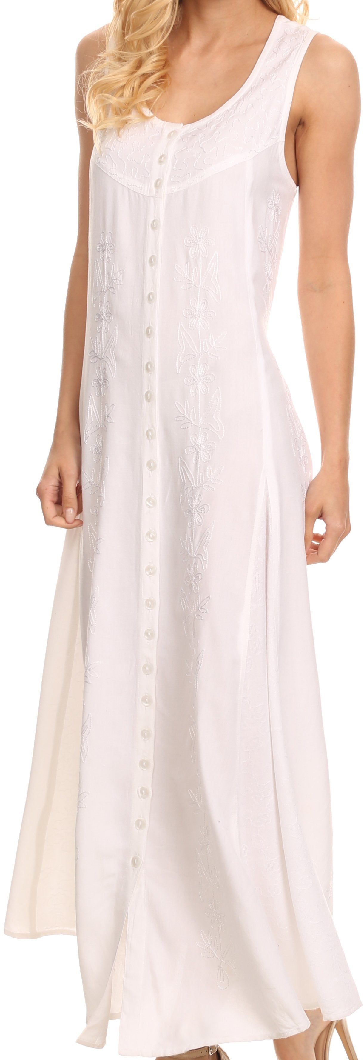 Sakkas Maya Floral Embroidered Sleeveless Button Up Rayon Dress - Concordia Style Boutique
