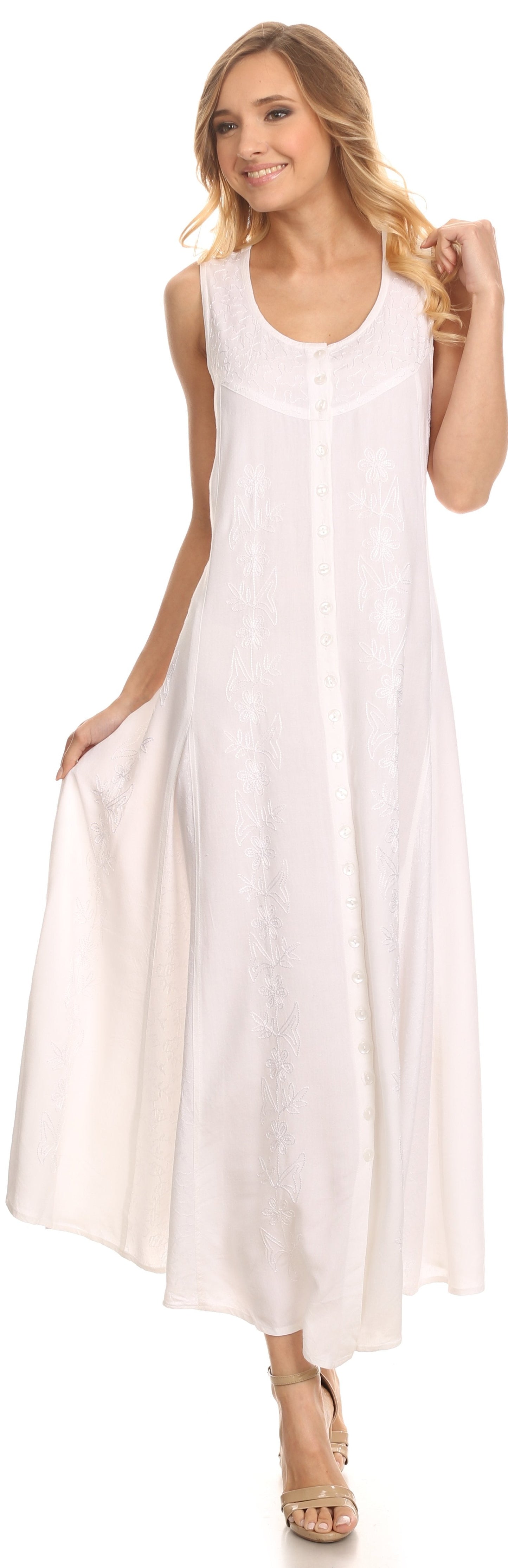 Sakkas Maya Floral Embroidered Sleeveless Button Up Rayon Dress - Concordia Style Boutique
