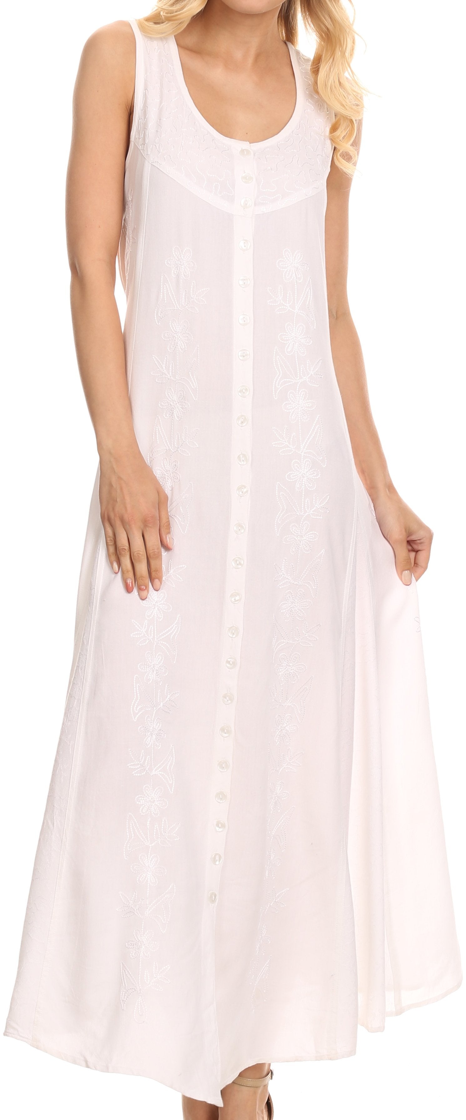 Sakkas Maya Floral Embroidered Sleeveless Button Up Rayon Dress - Concordia Style Boutique