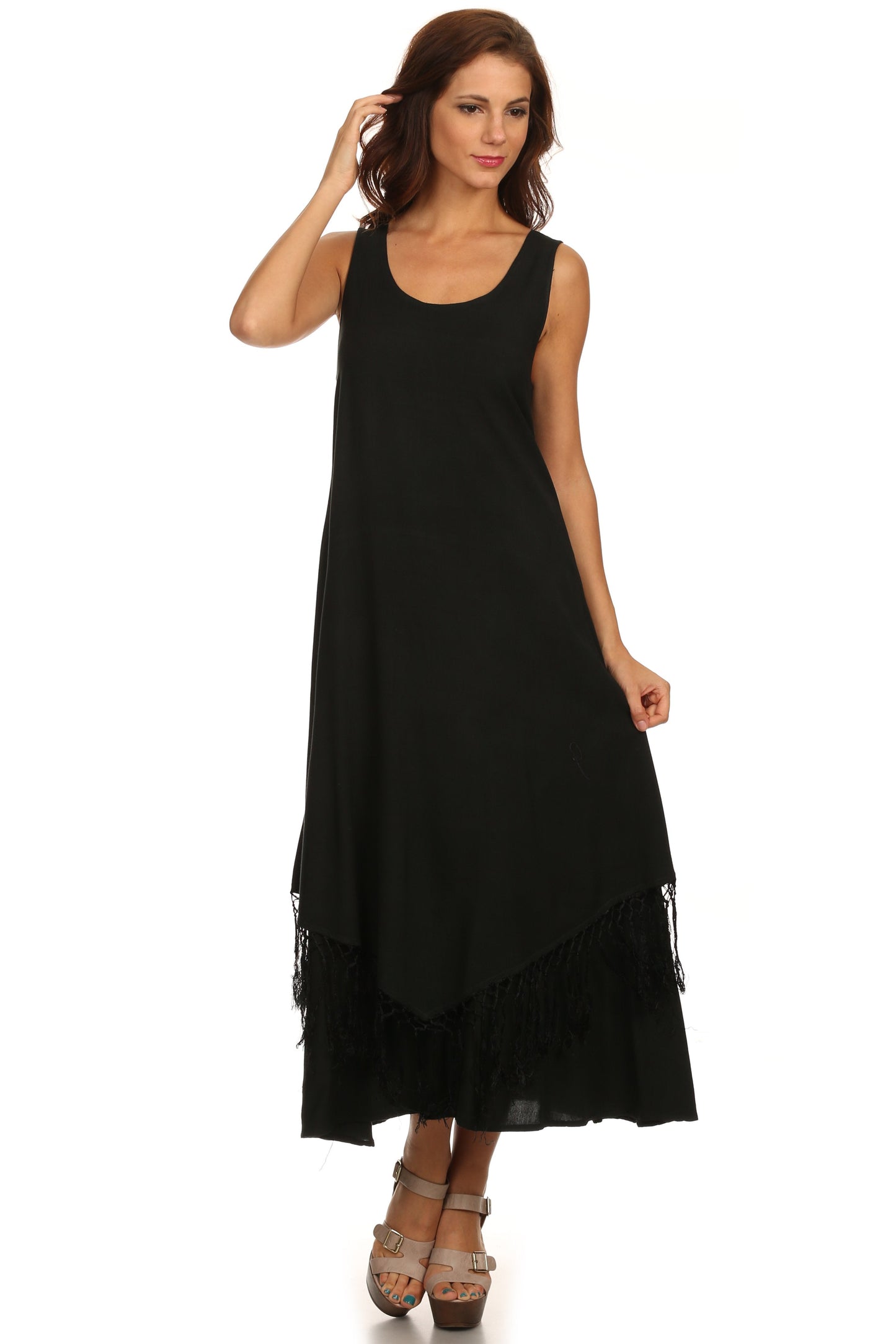 Sakkas Emma Relaxed Fit Scoop Neck Double Layered with Fringe Tank Dress - Concordia Style Boutique