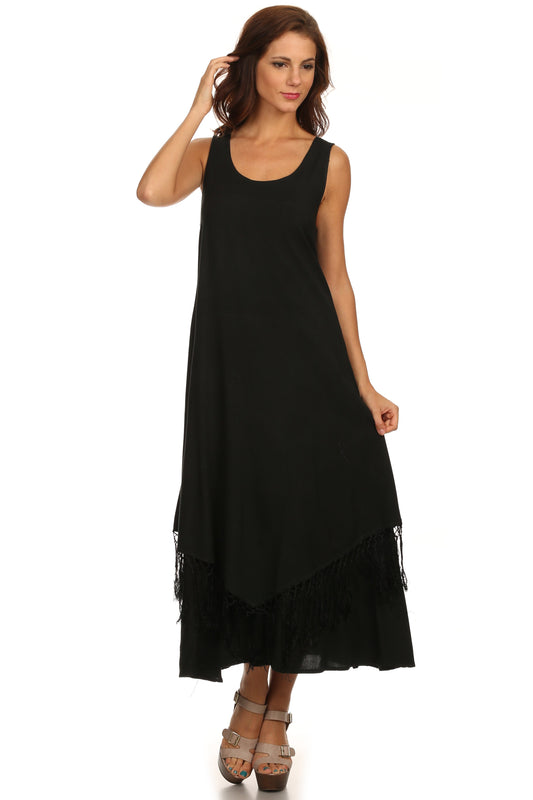 Sakkas Emma Relaxed Fit Scoop Neck Double Layered with Fringe Tank Dress - Concordia Style Boutique