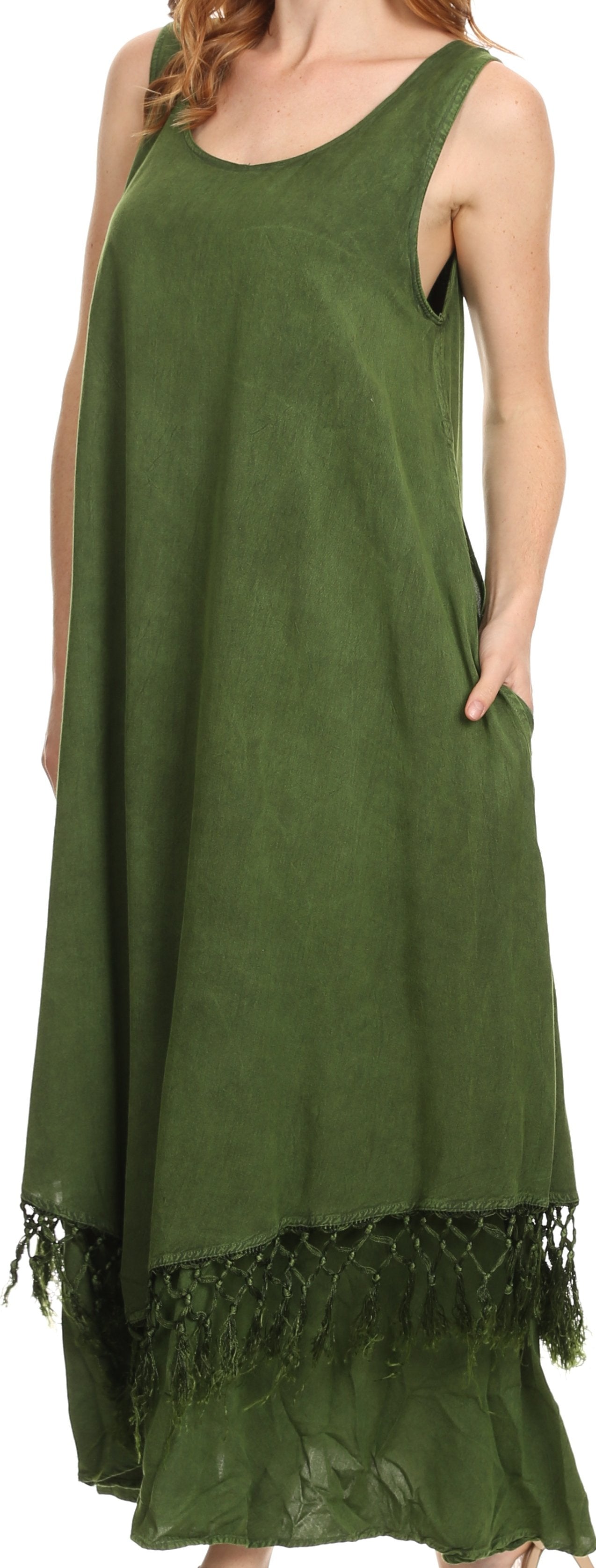 Sakkas Emma Relaxed Fit Scoop Neck Double Layered with Fringe Tank Dress - Concordia Style Boutique
