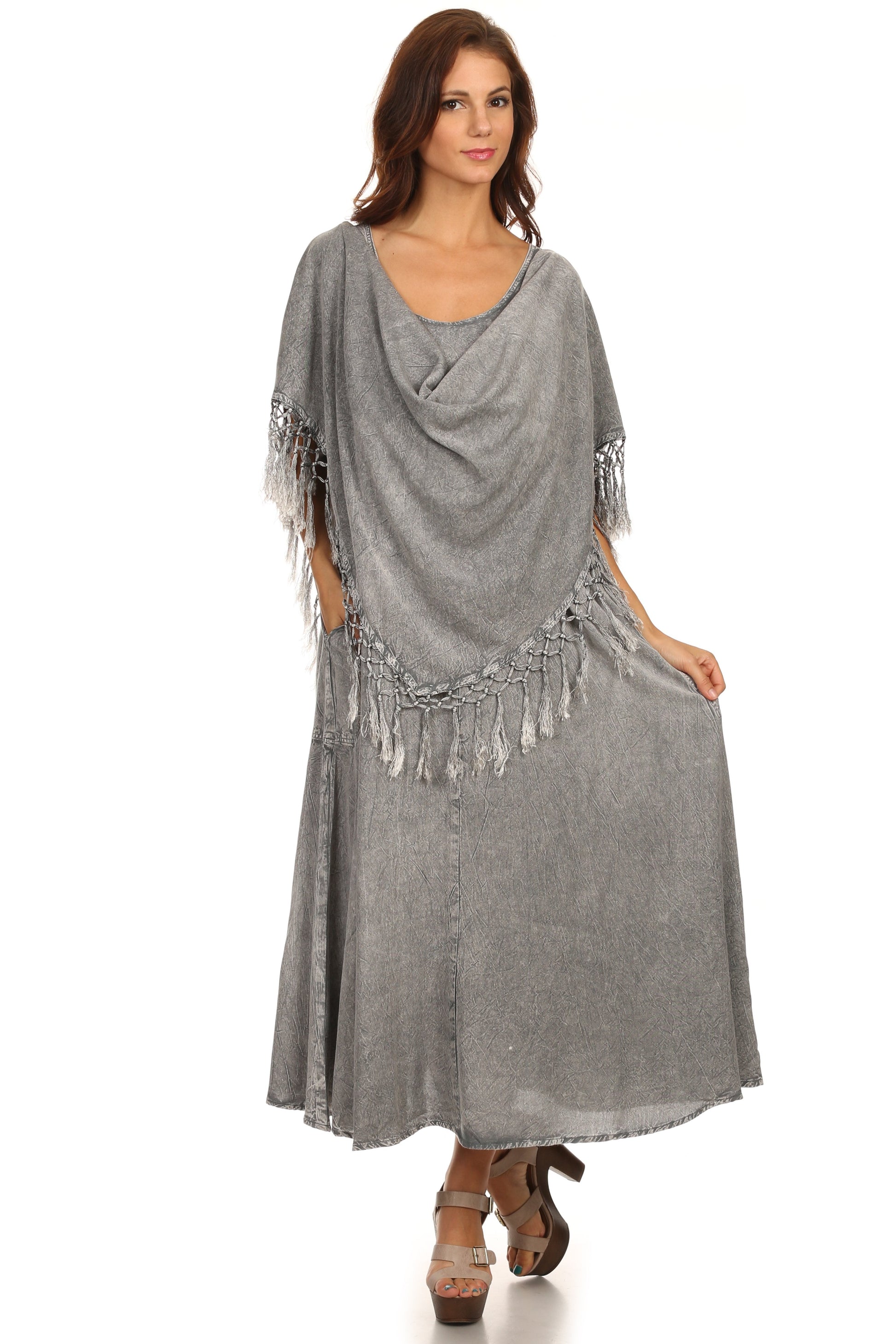 Sakkas Emma Relaxed Fit Scoop Neck Double Layered with Fringe Tank Dress - Concordia Style Boutique