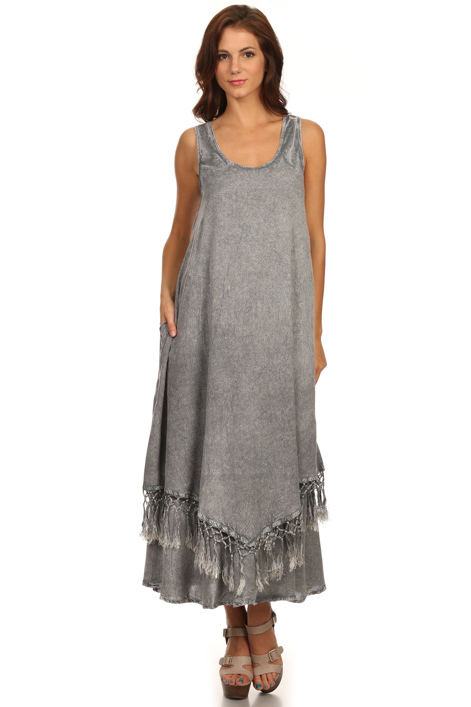 Sakkas Emma Relaxed Fit Scoop Neck Double Layered with Fringe Tank Dress - Concordia Style Boutique