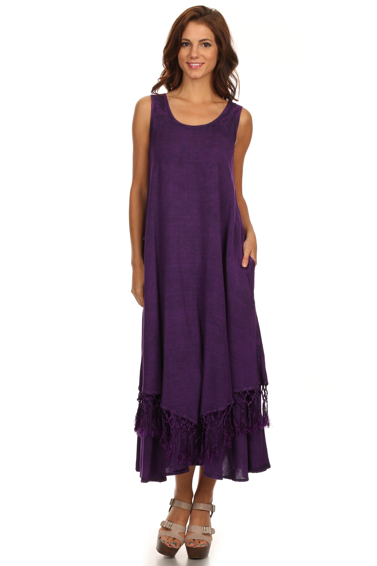 Sakkas Emma Relaxed Fit Scoop Neck Double Layered with Fringe Tank Dress - Concordia Style Boutique
