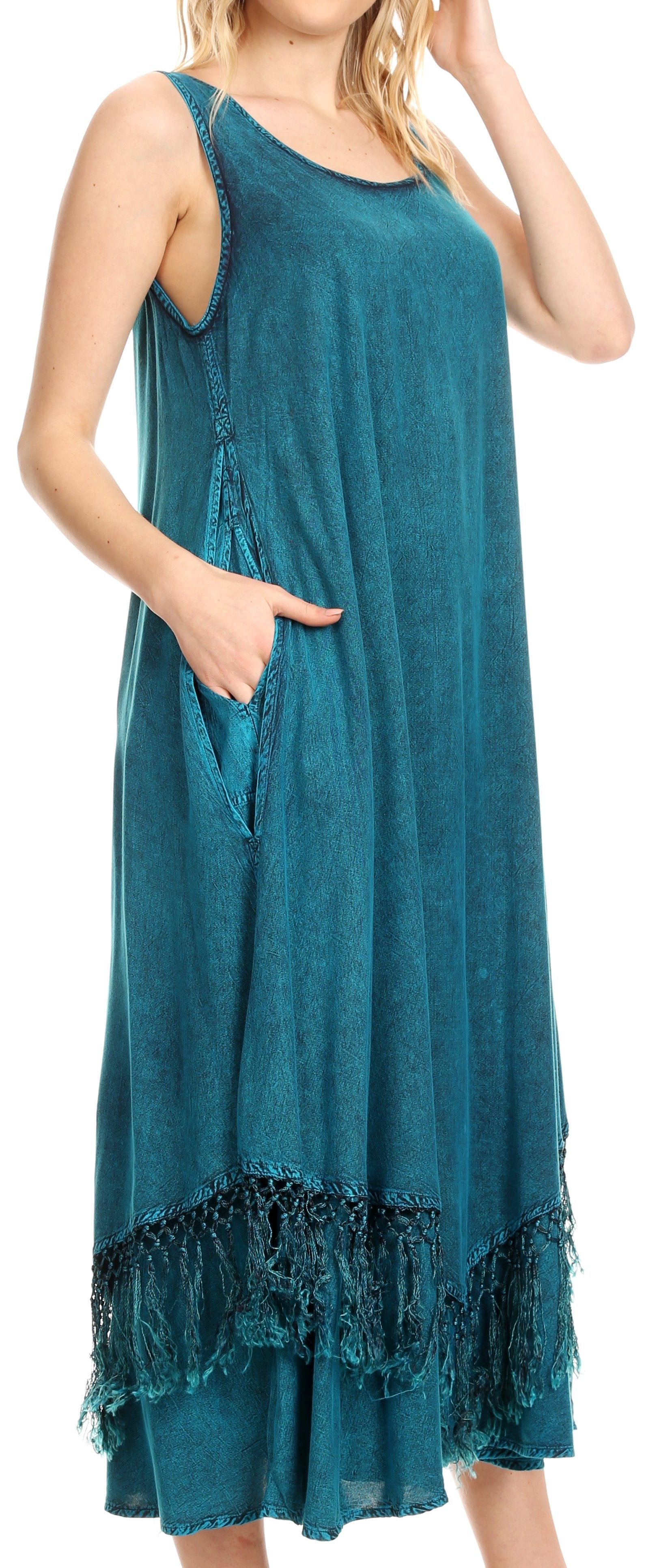 Sakkas Emma Relaxed Fit Scoop Neck Double Layered with Fringe Tank Dress - Concordia Style Boutique