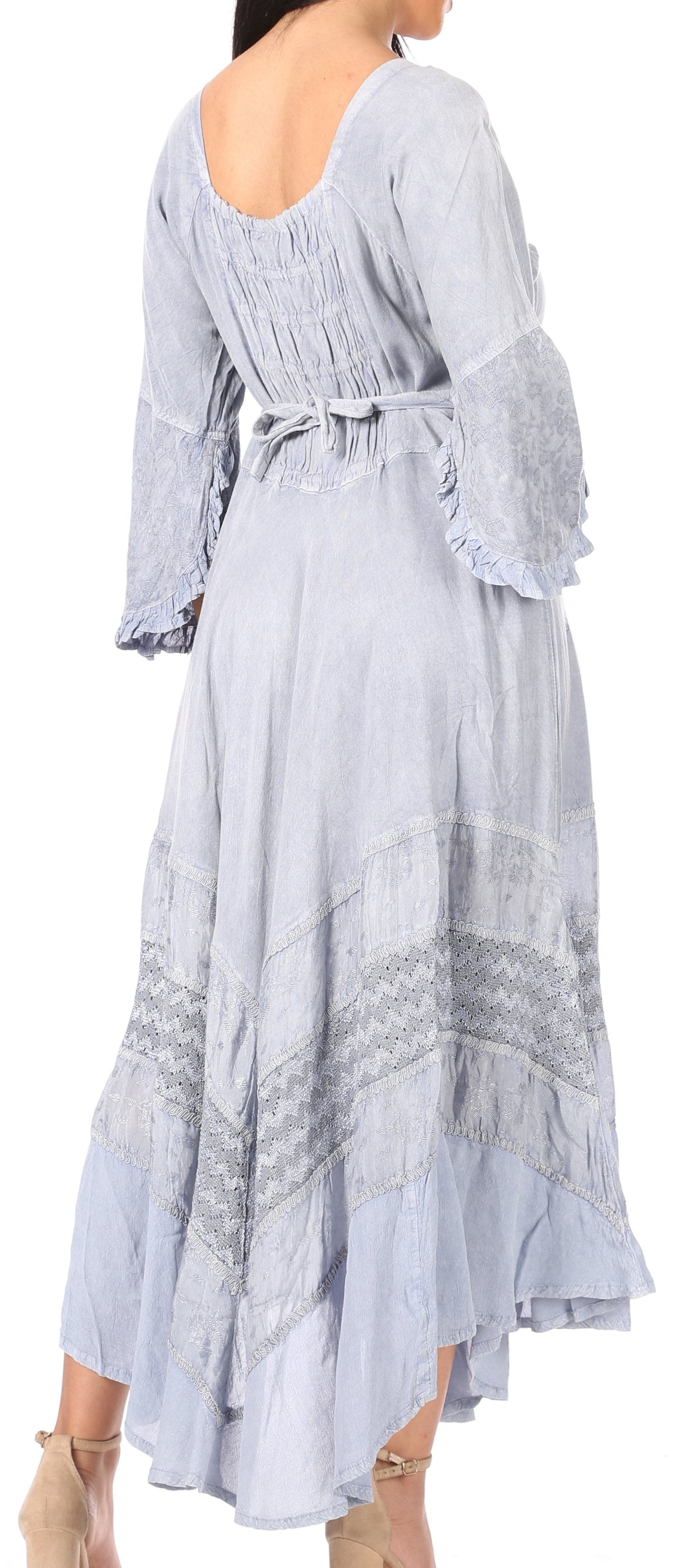 Sakkas Mirabel Stonewashed Corset Style Floral Emboridery Kimono Sleeve Dress - Concordia Style Boutique