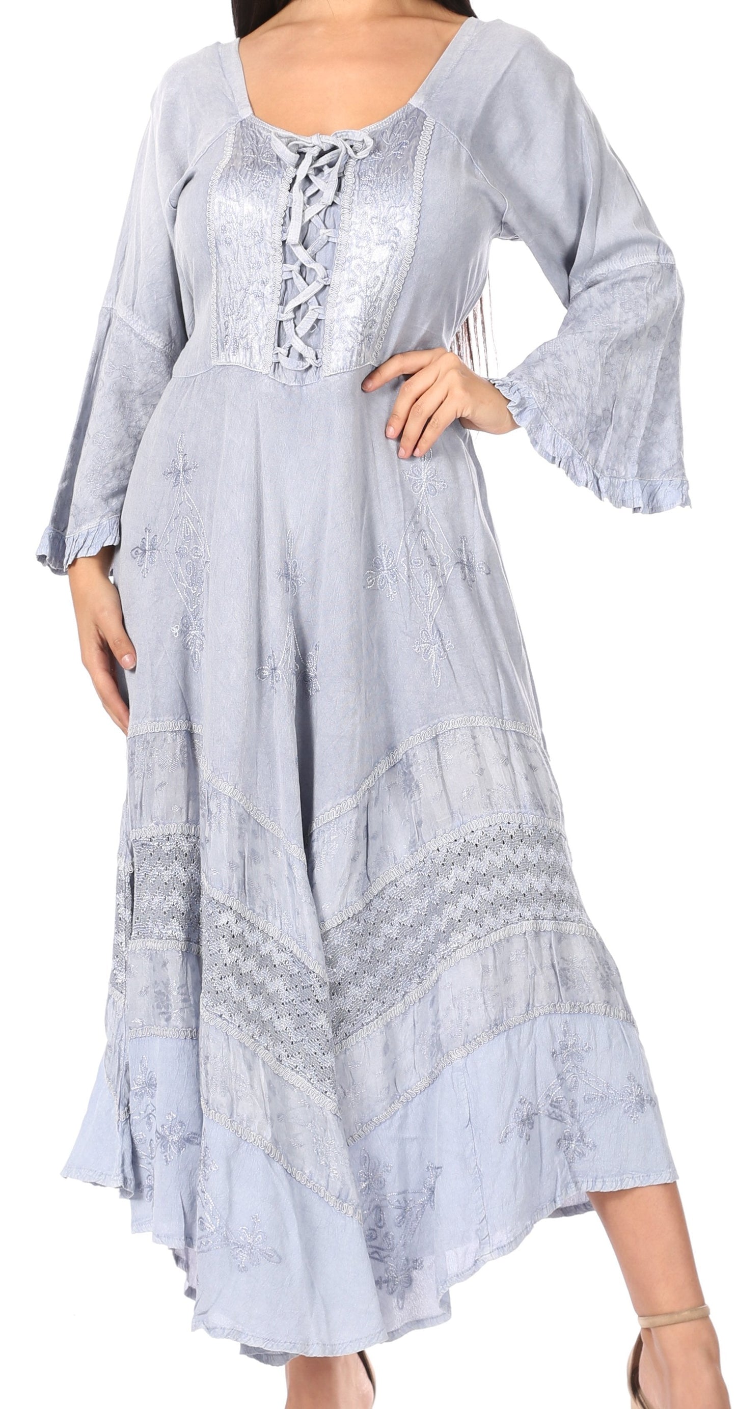 Sakkas Mirabel Stonewashed Corset Style Floral Emboridery Kimono Sleeve Dress - Concordia Style Boutique