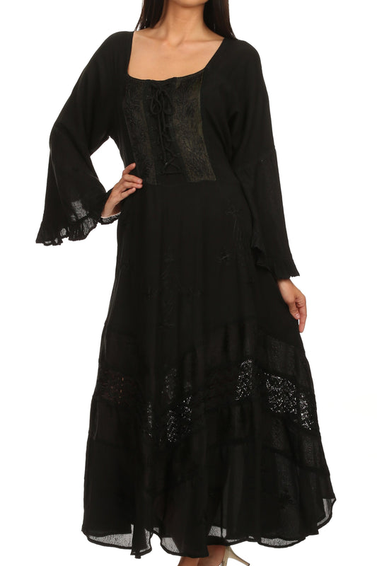 Sakkas Mirabel Stonewashed Corset Style Floral Emboridery Kimono Sleeve Dress - Concordia Style Boutique