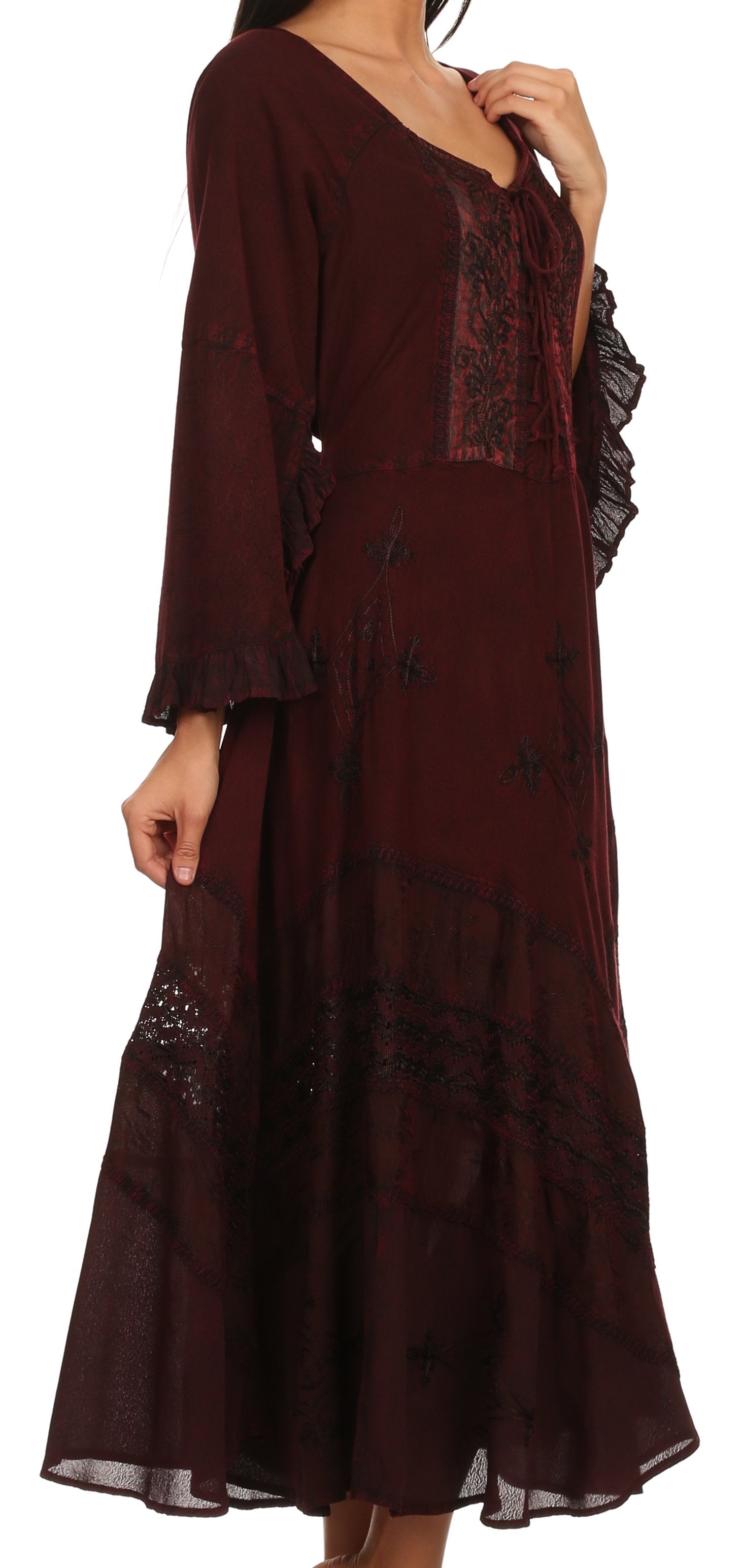 Sakkas Mirabel Stonewashed Corset Style Floral Emboridery Kimono Sleeve Dress - Concordia Style Boutique