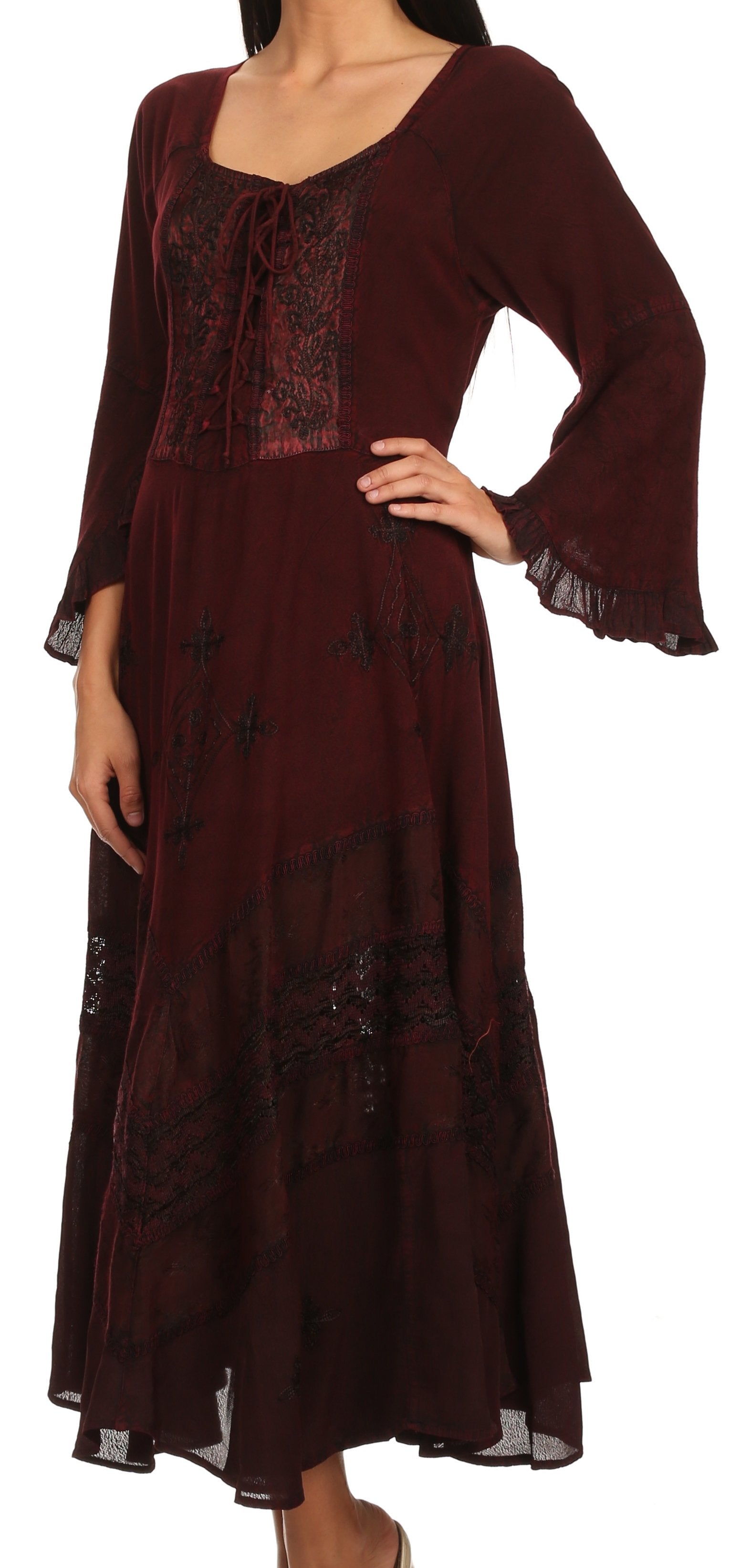 Sakkas Mirabel Stonewashed Corset Style Floral Emboridery Kimono Sleeve Dress - Concordia Style Boutique