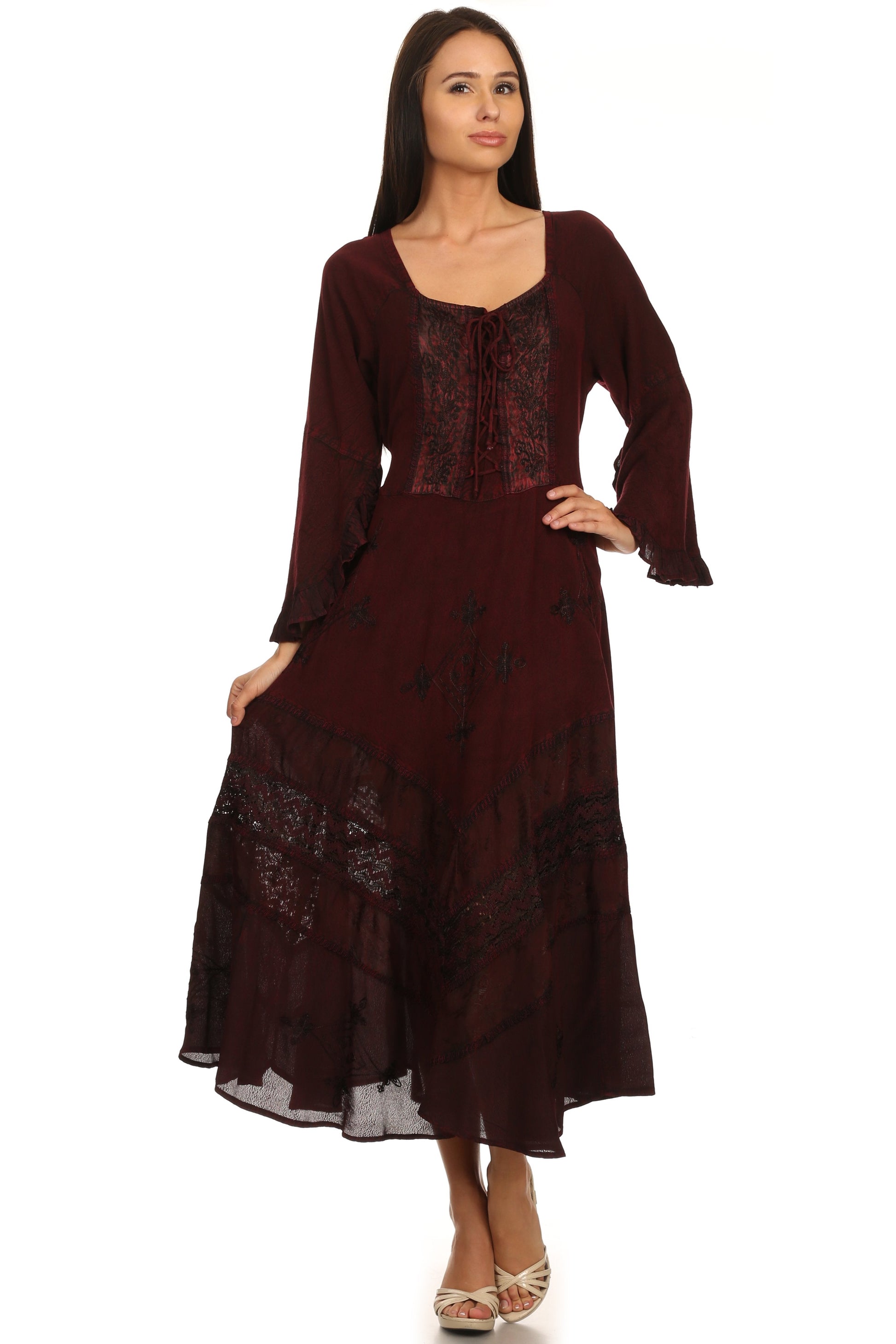 Sakkas Mirabel Stonewashed Corset Style Floral Emboridery Kimono Sleeve Dress - Concordia Style Boutique