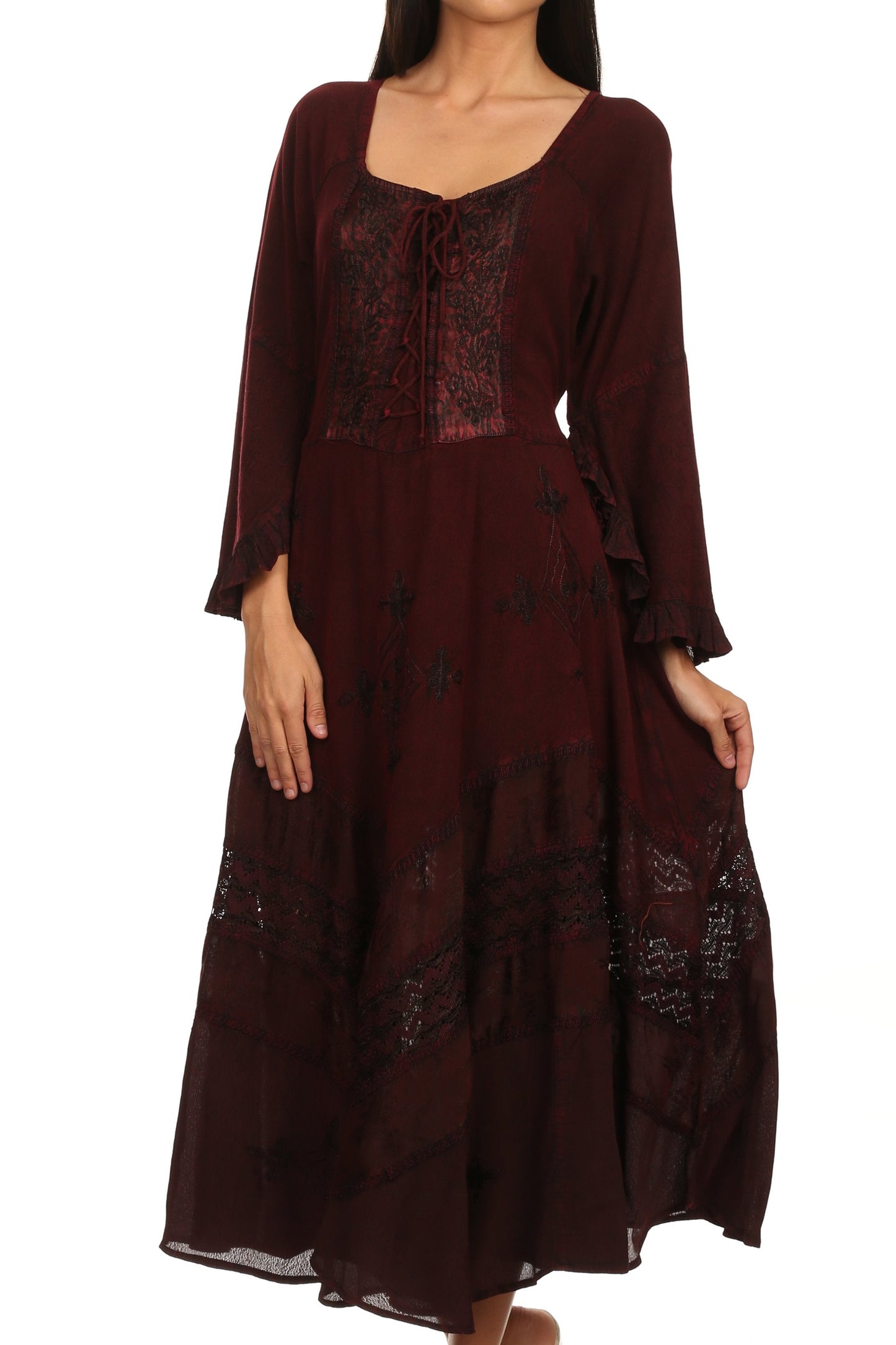 Sakkas Mirabel Stonewashed Corset Style Floral Emboridery Kimono Sleeve Dress - Concordia Style Boutique