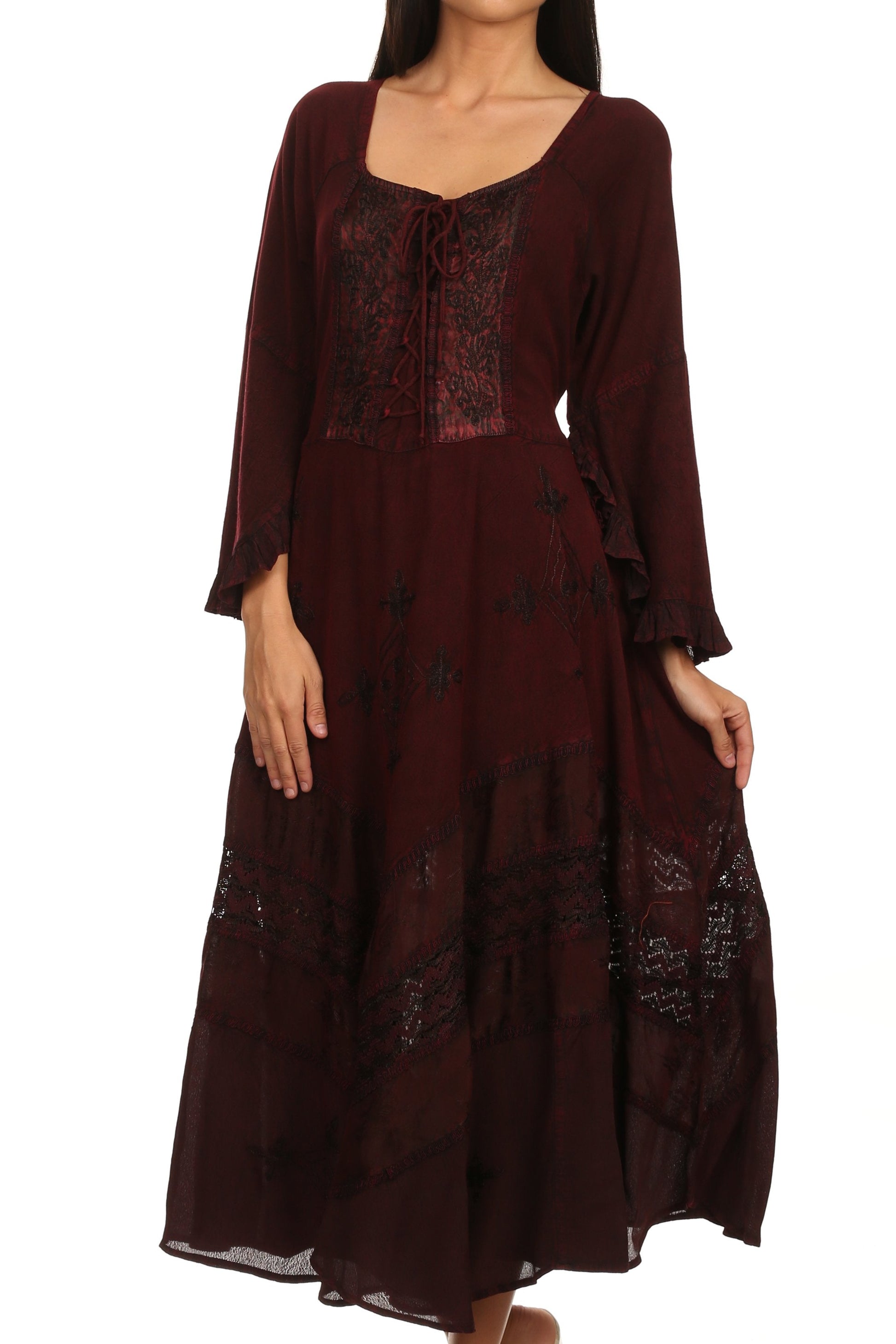 Sakkas Mirabel Stonewashed Corset Style Floral Emboridery Kimono Sleeve Dress - Concordia Style Boutique