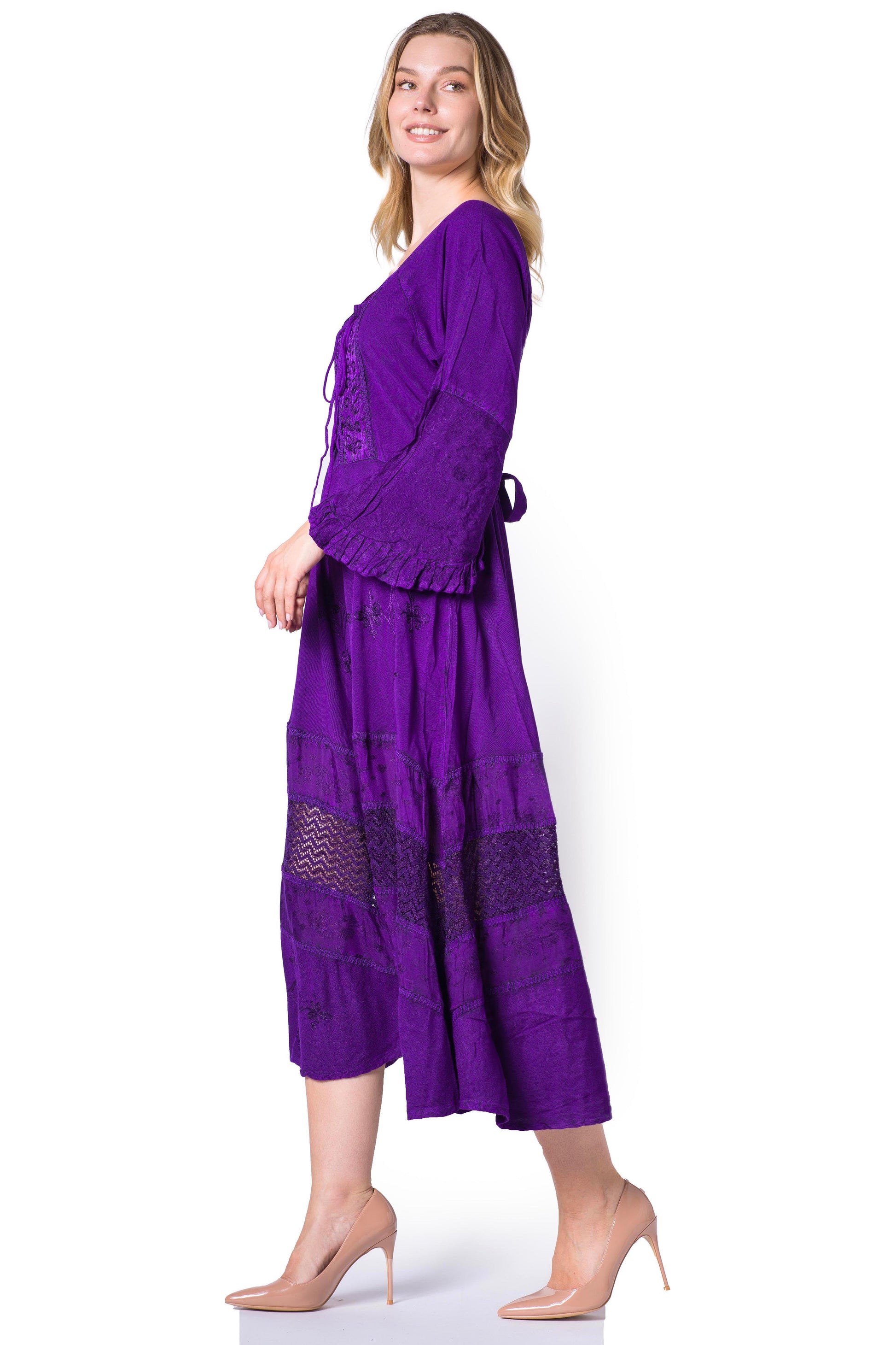 Sakkas Mirabel Stonewashed Corset Style Floral Emboridery Kimono Sleeve Dress - Concordia Style Boutique