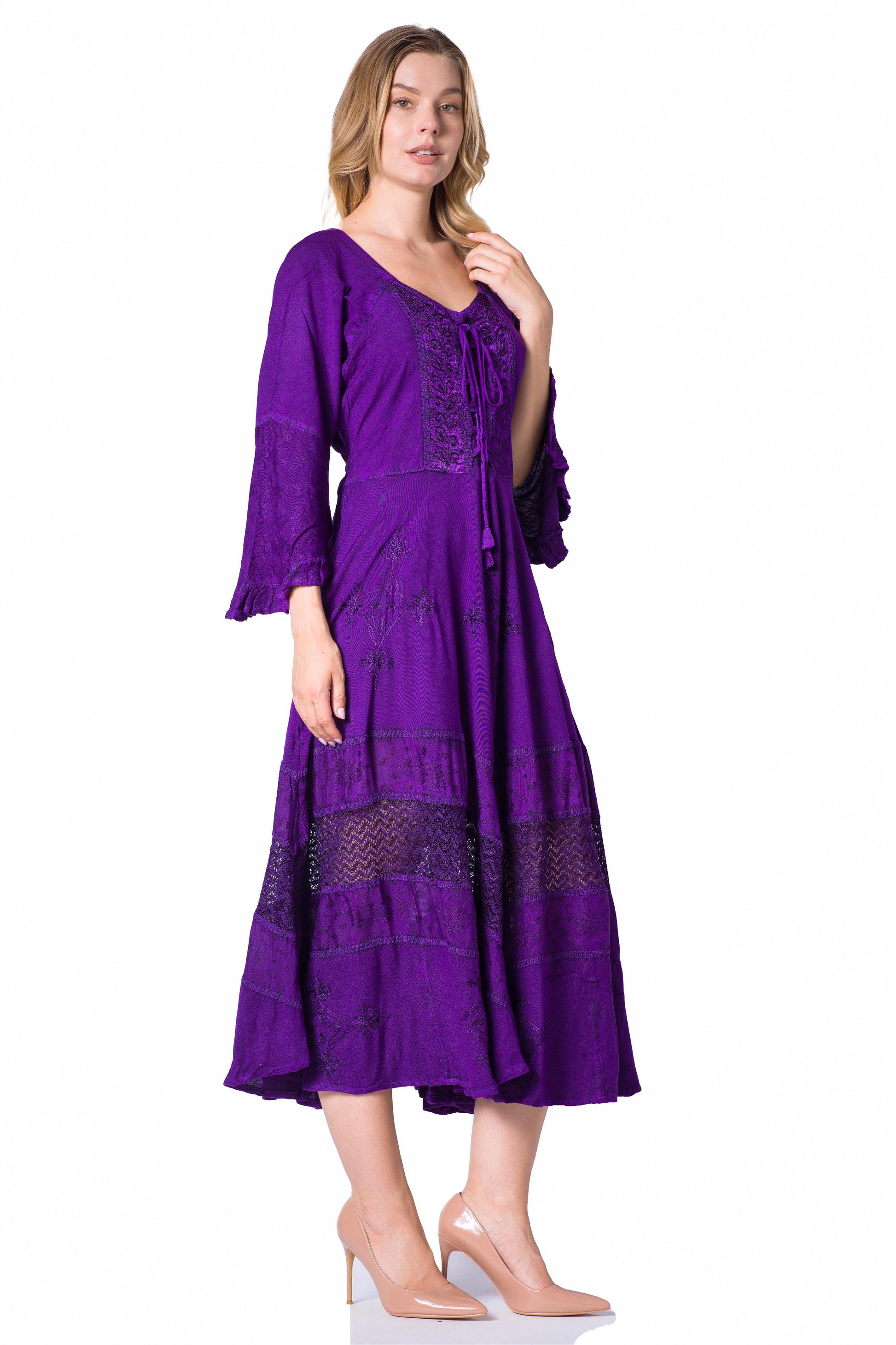 Sakkas Mirabel Stonewashed Corset Style Floral Emboridery Kimono Sleeve Dress - Concordia Style Boutique