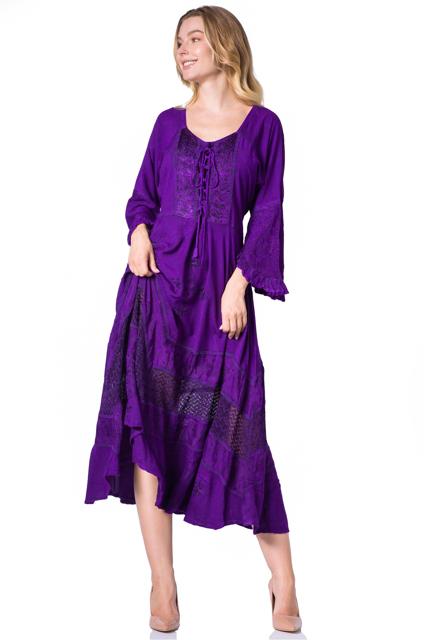 Sakkas Mirabel Stonewashed Corset Style Floral Emboridery Kimono Sleeve Dress - Concordia Style Boutique