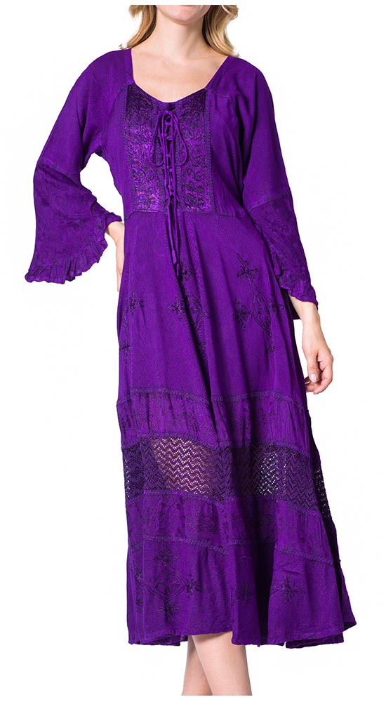 Sakkas Mirabel Stonewashed Corset Style Floral Emboridery Kimono Sleeve Dress - Concordia Style Boutique