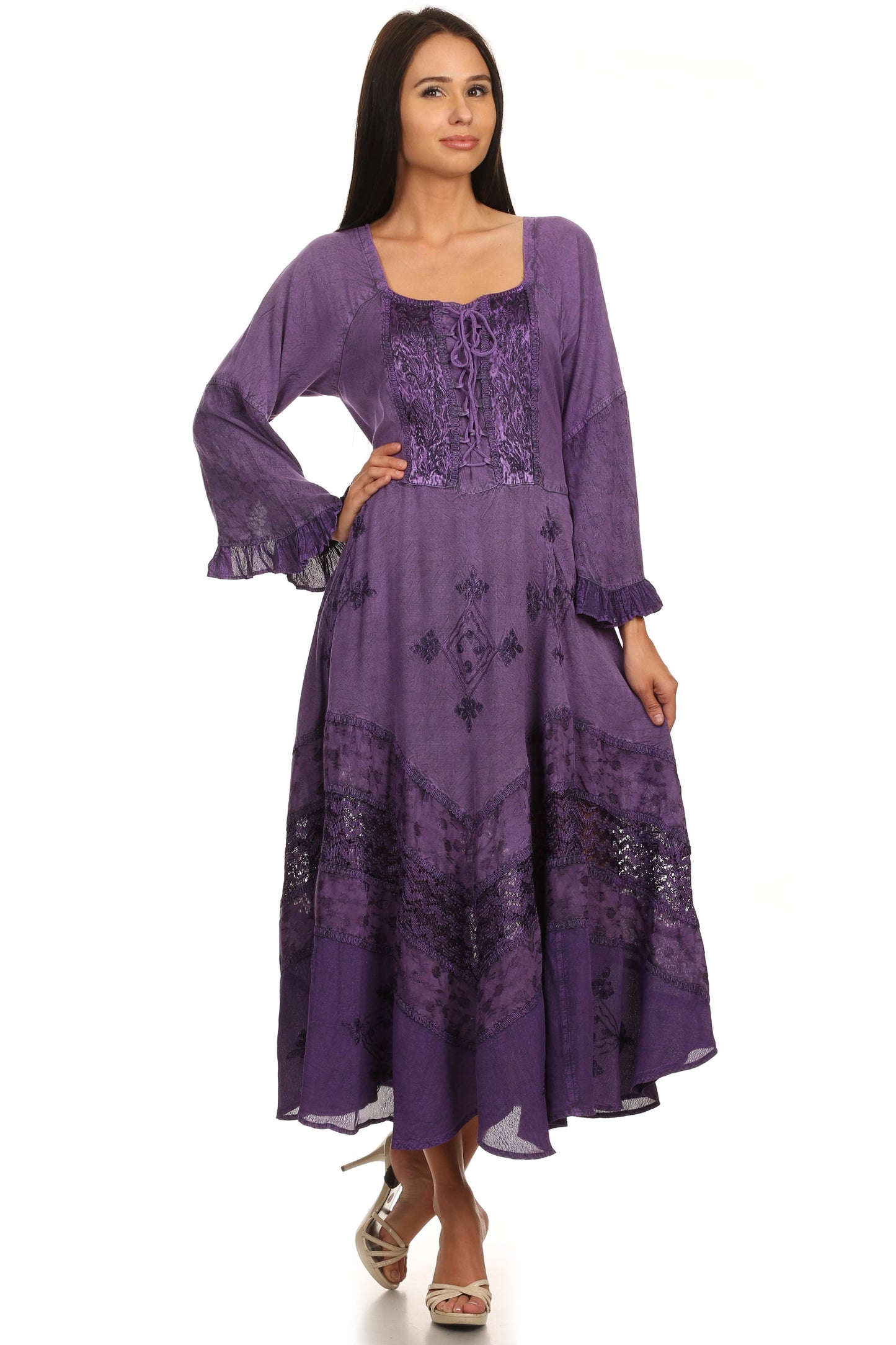 Sakkas Mirabel Stonewashed Corset Style Floral Emboridery Kimono Sleeve Dress - Concordia Style Boutique