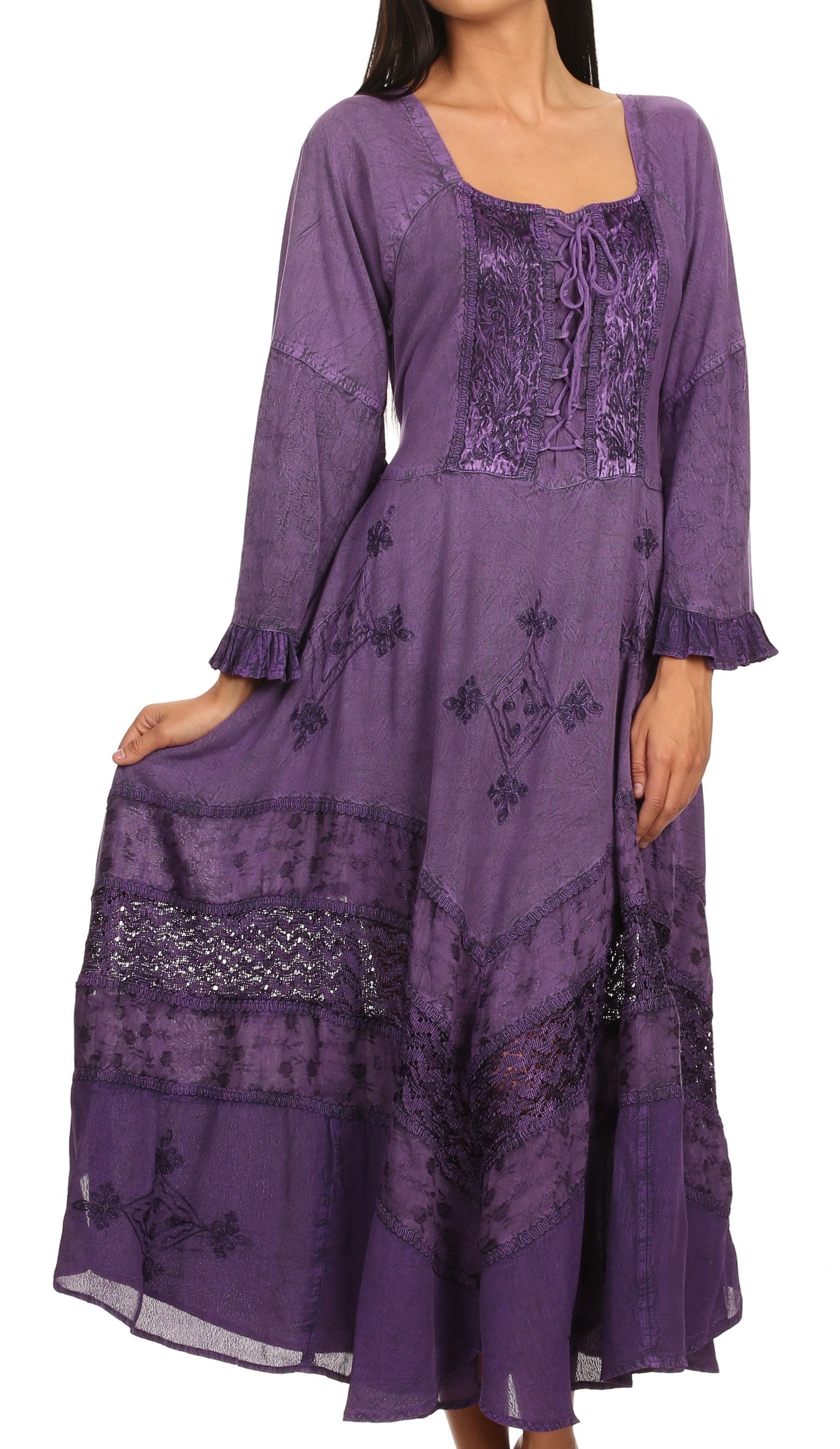 Sakkas Mirabel Stonewashed Corset Style Floral Emboridery Kimono Sleeve Dress - Concordia Style Boutique