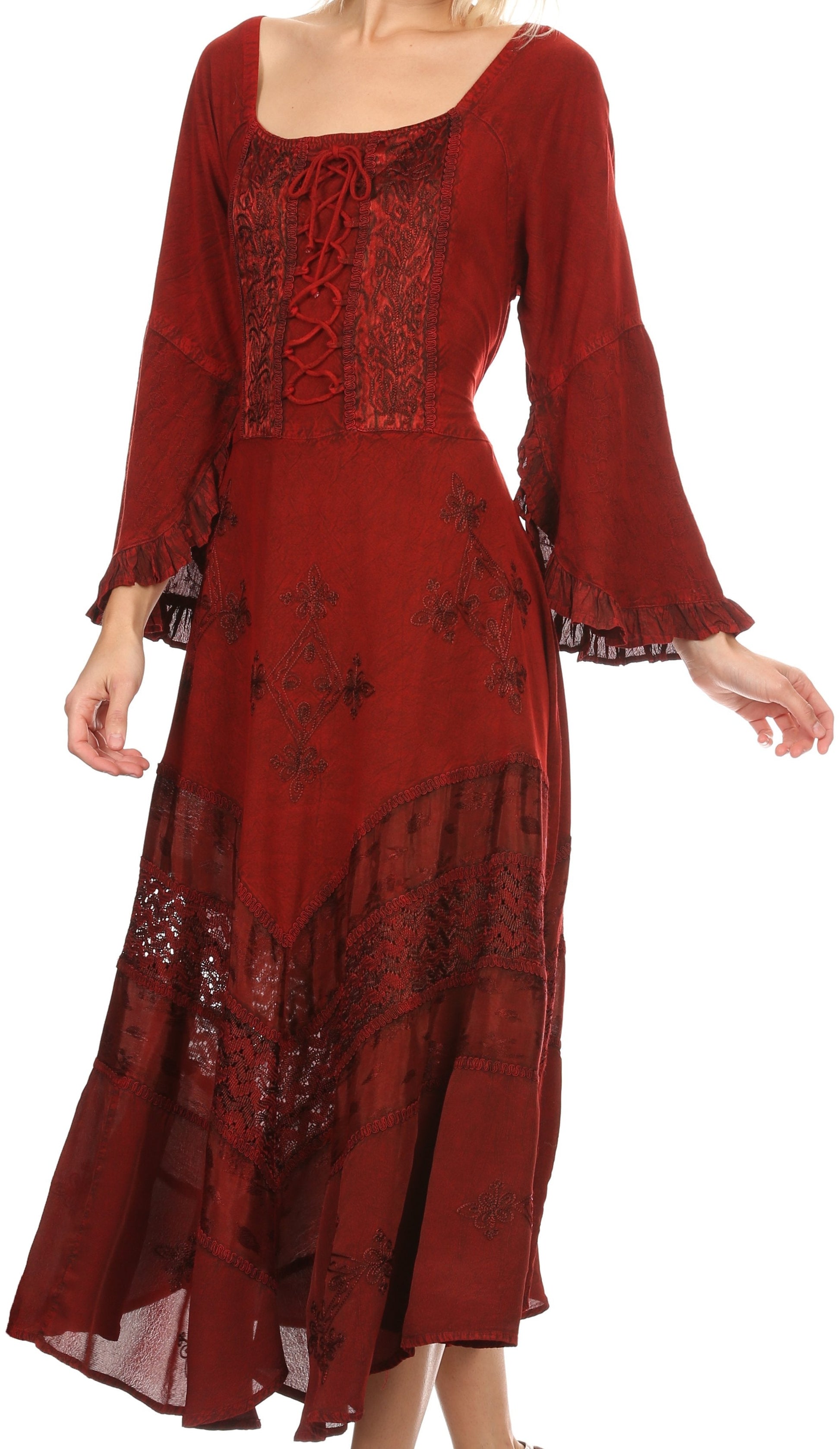 Sakkas Mirabel Stonewashed Corset Style Floral Emboridery Kimono Sleeve Dress - Concordia Style Boutique